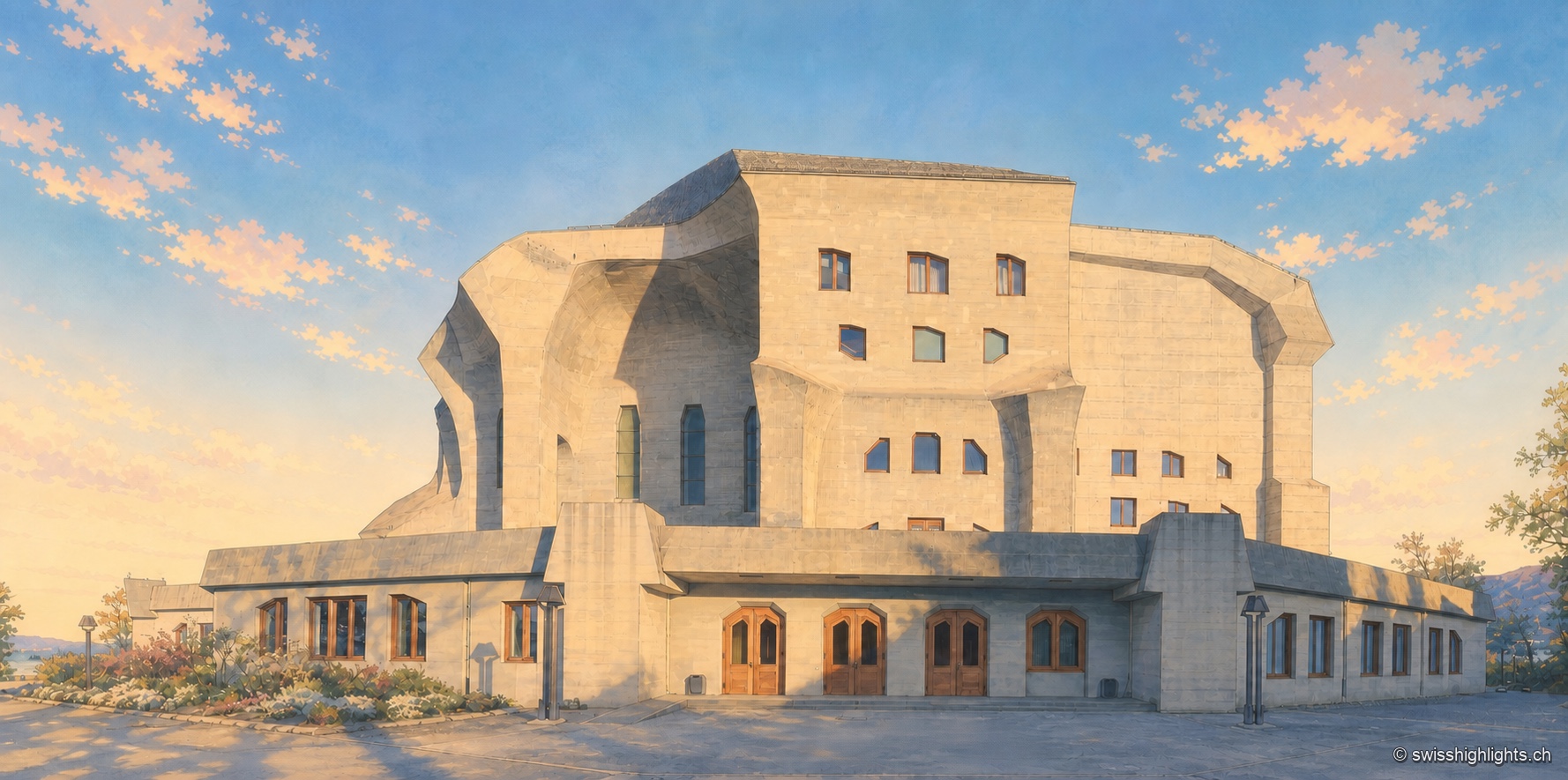 Vue d'ensemble du Goetheanum en fin de journée : la façade monumentale de béton, aux volumes anguleux et incurvés superposés, est percée de fenêtres hautes et de portes en bois sombre alignées au rez-de-chaussée ; quelques arbustes bordent l'entrée, sous un ciel bleu strié de nuages roses et dorés.