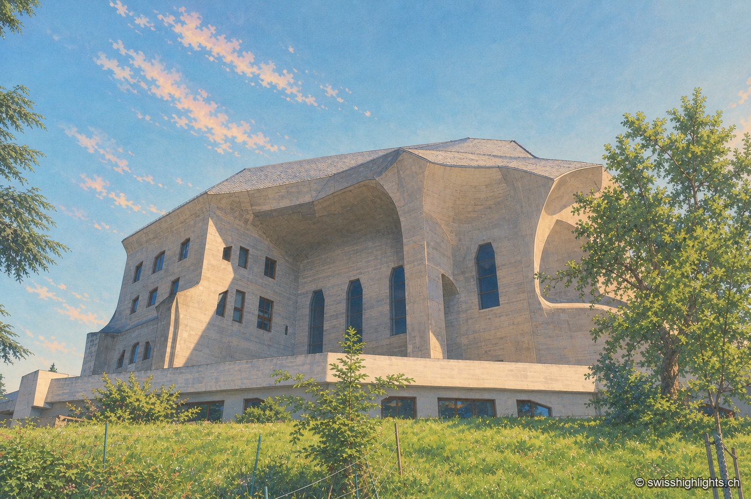 Le second Goetheanum vu d'en bas depuis une pente herbeuse : une masse de béton gris clair aux arêtes courbes, coiffée d'un toit d'ardoise, se détache sur un ciel bleu profond. Les percements sont irréguliers, fenêtres allongées et biseautées de tailles différentes ; un long socle bas et blanc, largement vitré, court au pied du bâtiment. Un arbre occupe le bord droit du cadre, des arbustes et de l'herbe le premier plan.