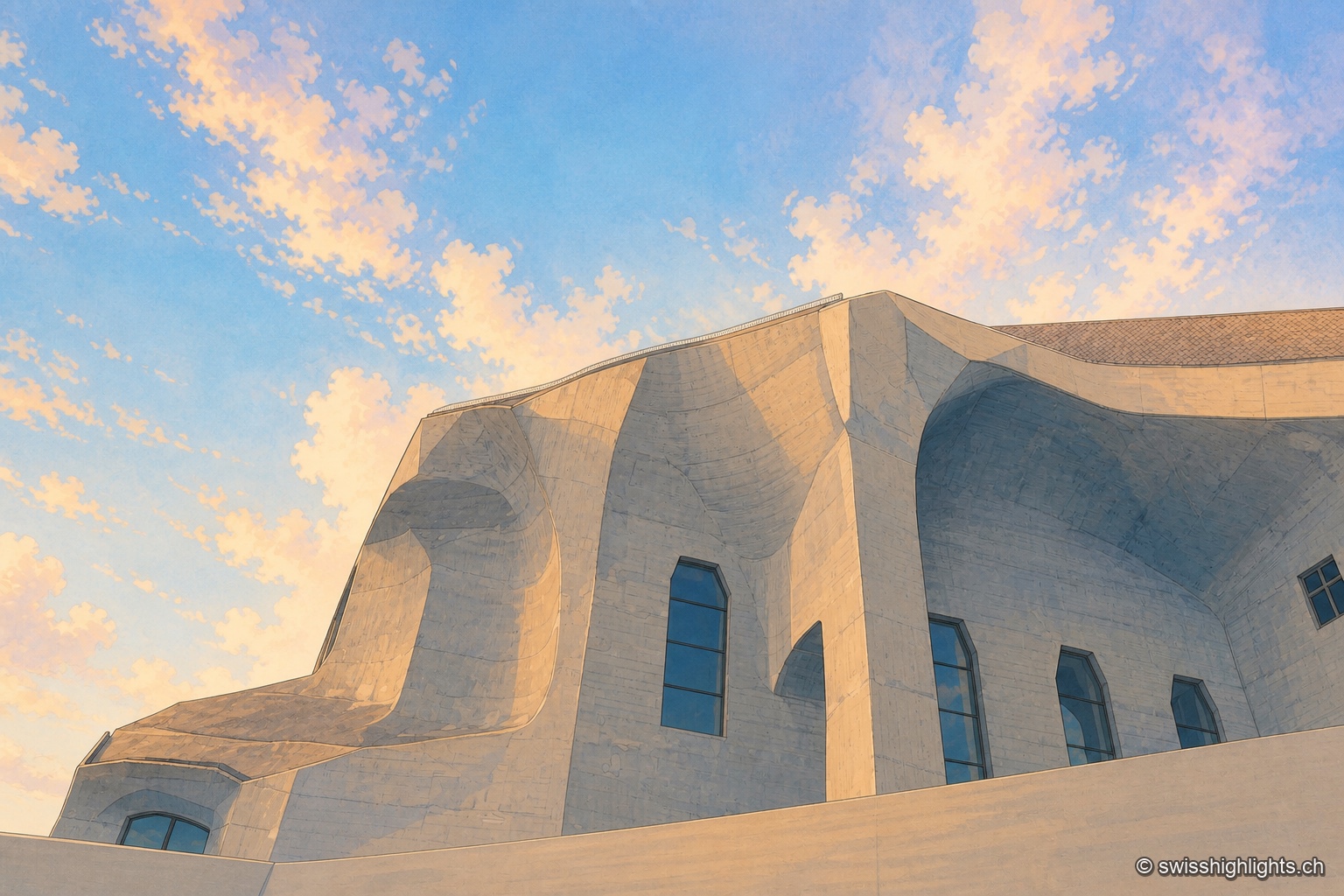 Étude en contre-plongée serrée sur les volumes de béton sculptural du Goetheanum, coques courbes et arêtes anguleuses culminant contre un ciel bleu strié de nuages orangés ; quelques baies étroites percent la masse claire au premier plan.