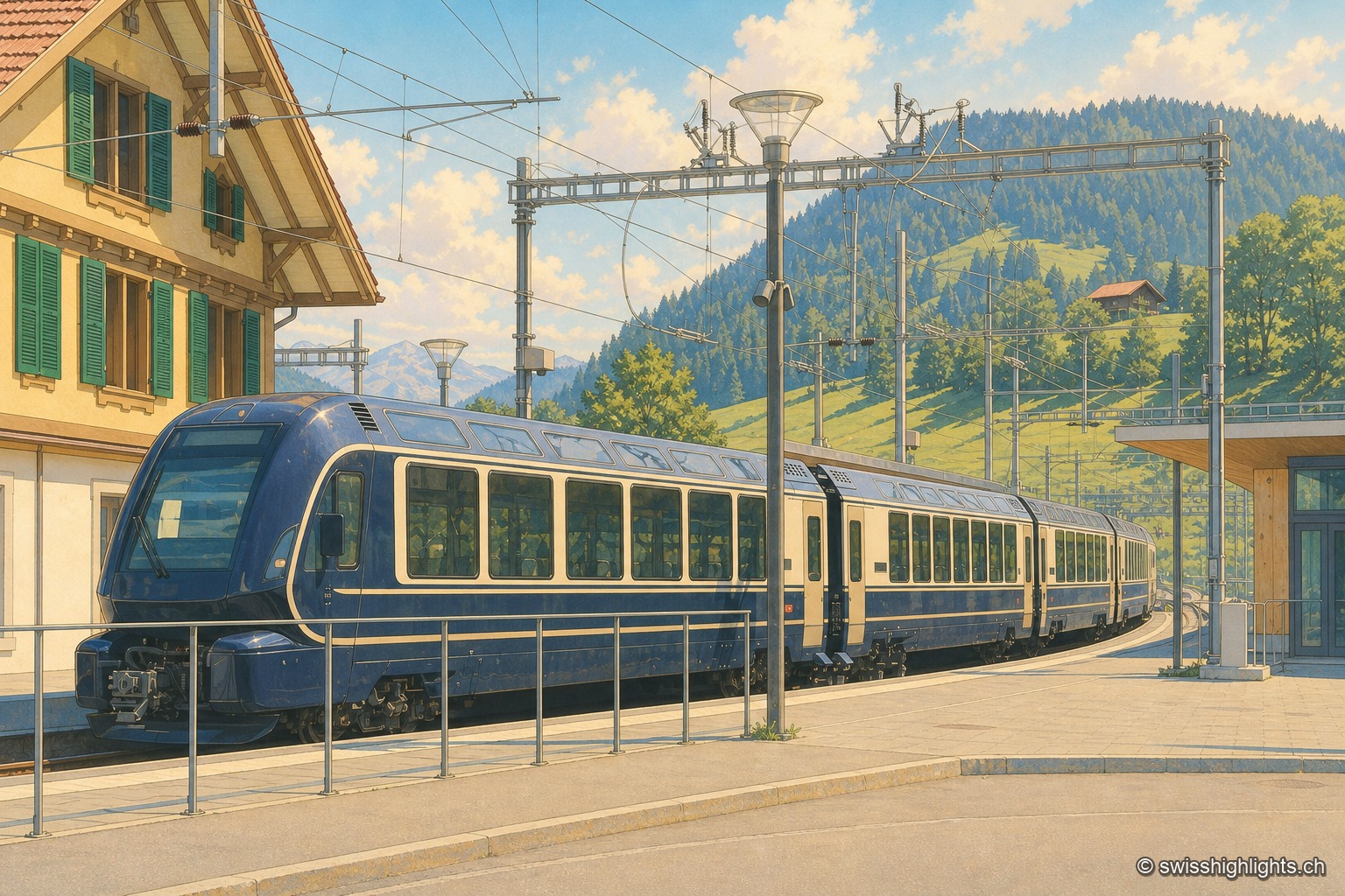 À quai en gare de Zweisimmen, la rame du GoldenPass Express présente son nez arrondi bleu nuit et sa caisse crème soulignée d'un filet doré, avec de larges baies vitrées sur toute sa longueur. À gauche, un chalet de bois à volets verts porte le nom de la gare ; derrière la rame, des prés fauchés et des bois montent vers les crêtes du Simmental sous un ciel d'été à cumulus.