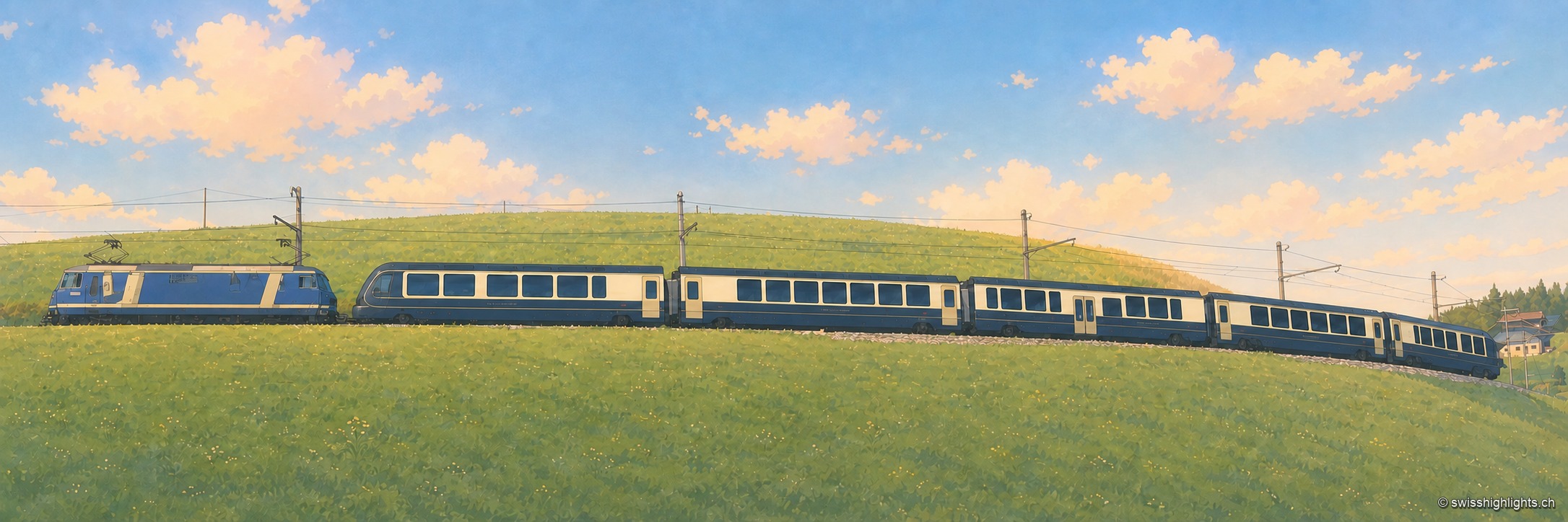 Une rame bleu nuit et crème du GoldenPass Express roule au flanc d'une colline verdoyante, ligne électrique et poteaux caténaires se détachant sur un ciel bleu strié de nuages roses ; le convoi s'étire presque sur toute la largeur du cadre, entre pâturage au premier plan et sommet arrondi de la colline en arrière-plan.