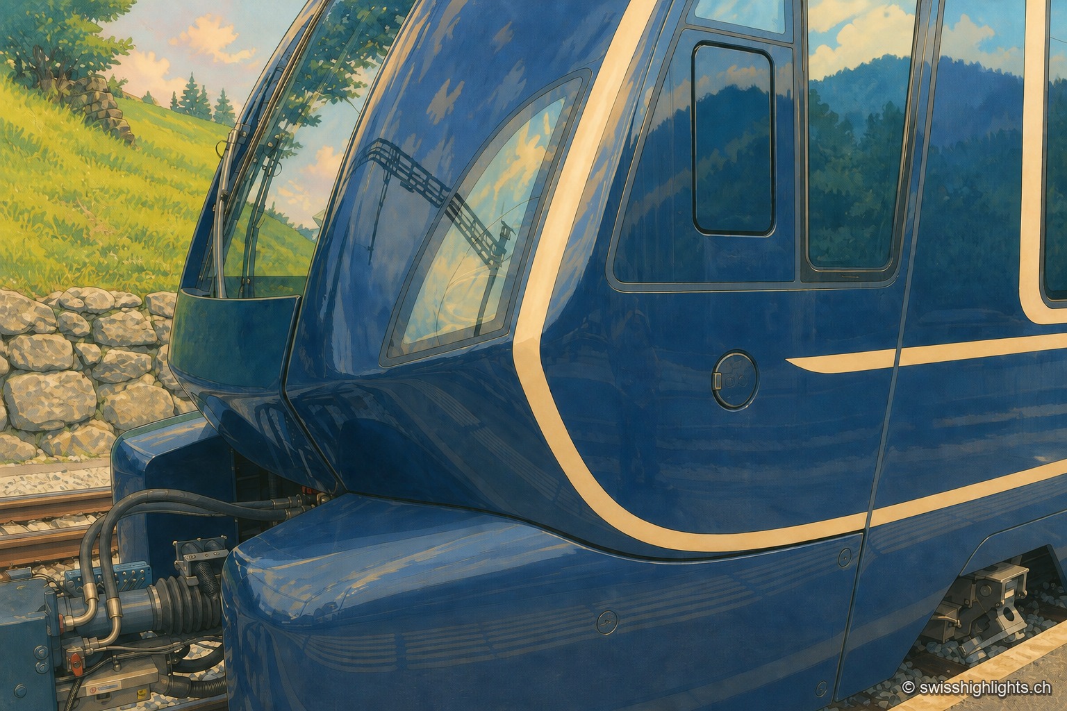Gros plan sur le nez arrondi d'une voiture panoramique bleu nuit du GoldenPass Express, à quai le long de la voie : la carrosserie vernie reflète un ciel nuageux et une passerelle métallique, filet doré soulignant la ligne de caisse ; à l'arrière-plan, un talus herbeux bordé d'un muret de pierres sèches et une forêt de conifères.