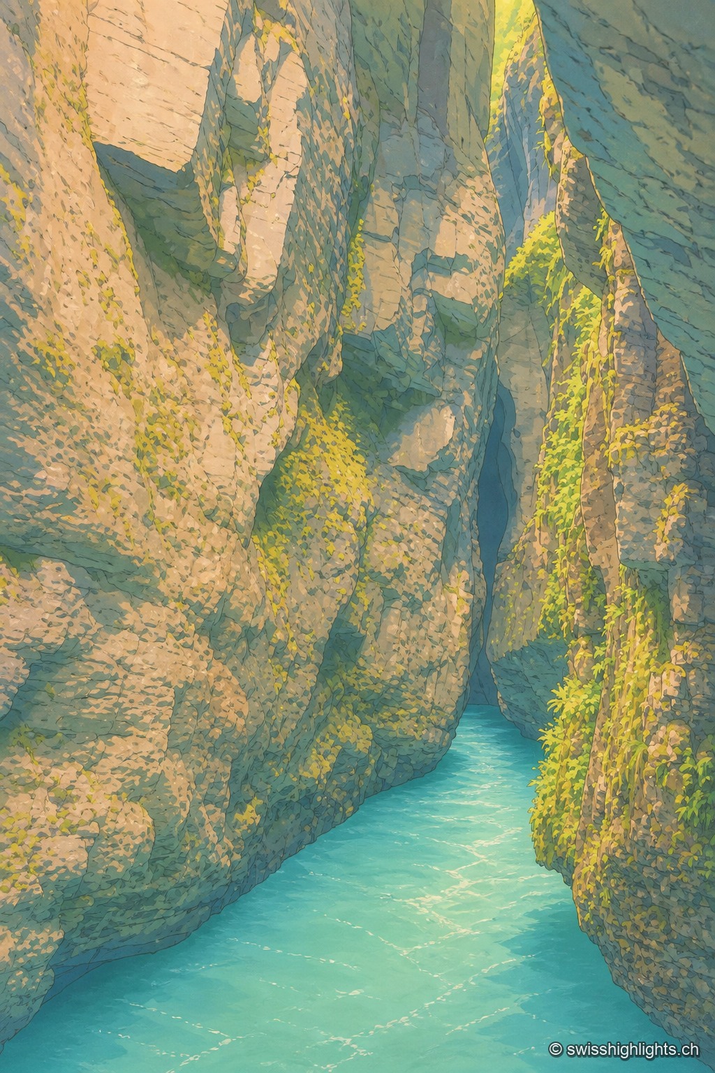 Vue verticale au ras de l'eau turquoise qui remplit tout le bas du cadre : les parois calcaires de la gorge se resserrent en un étroit passage sombre, moussues et couvertes de fougères vert vif sur la droite, jusqu'à une faille noire tout en haut, seule ouverture de lumière.