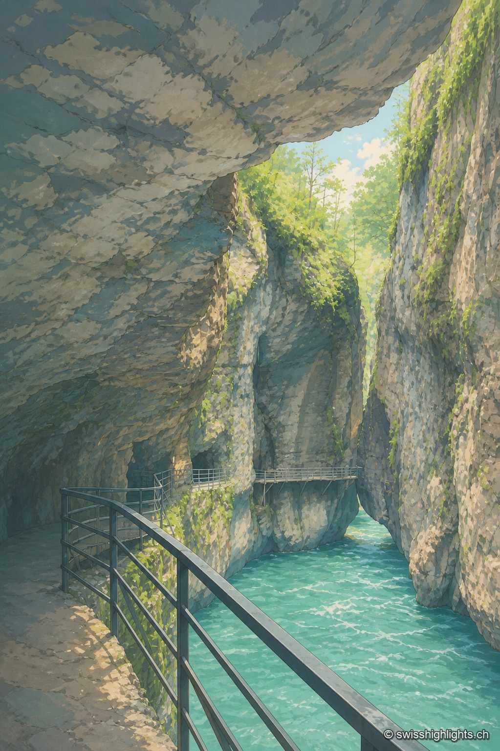 Vue verticale depuis une passerelle métallique accrochée à la paroi d'une gorge calcaire : le chemin longe la roche moussue en surplomb jusqu'à une seconde passerelle suspendue au-dessus de l'eau turquoise, une trouée de feuillage laissant entrer la lumière tout en haut du cadre.