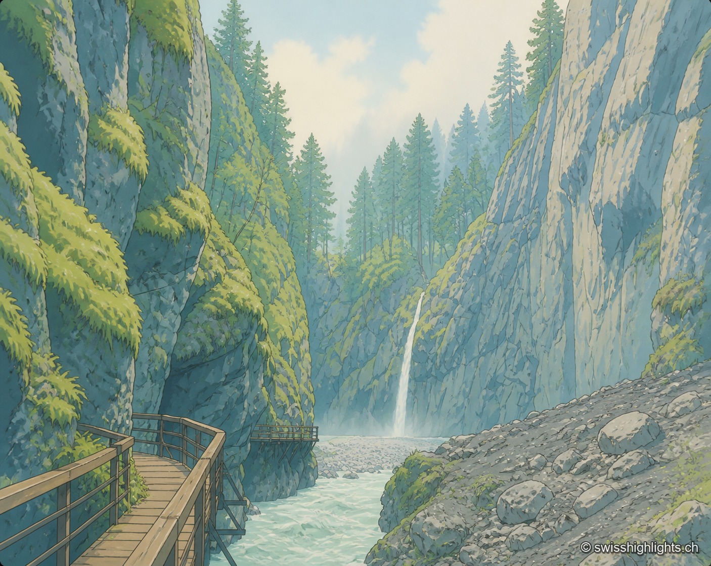 Passerelle de bois longeant une gorge encaissée entre parois rocheuses moussues, menant le regard vers une cascade étroite qui se jette dans un lit de galets bordé de conifères, sous un ciel clair strié de nuages.