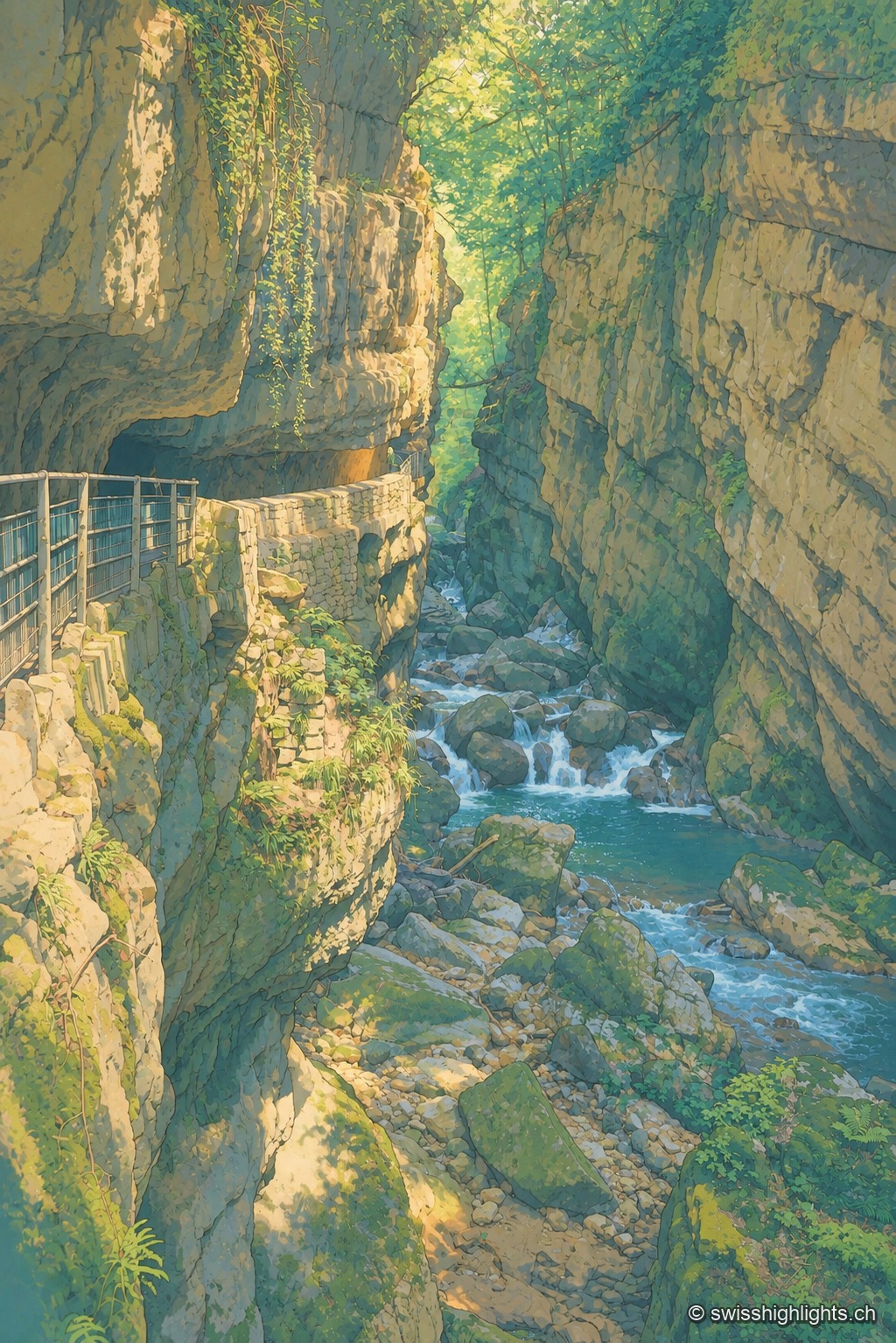 Une passerelle metallique accrochee a la paroi rocheuse d'une gorge etroite et boisee, surplombant un torrent d'eau turquoise qui devale entre de gros blocs ; la roche sombre et moussue encadre une trouee de lumiere et de feuillage vert au sommet du cadre.