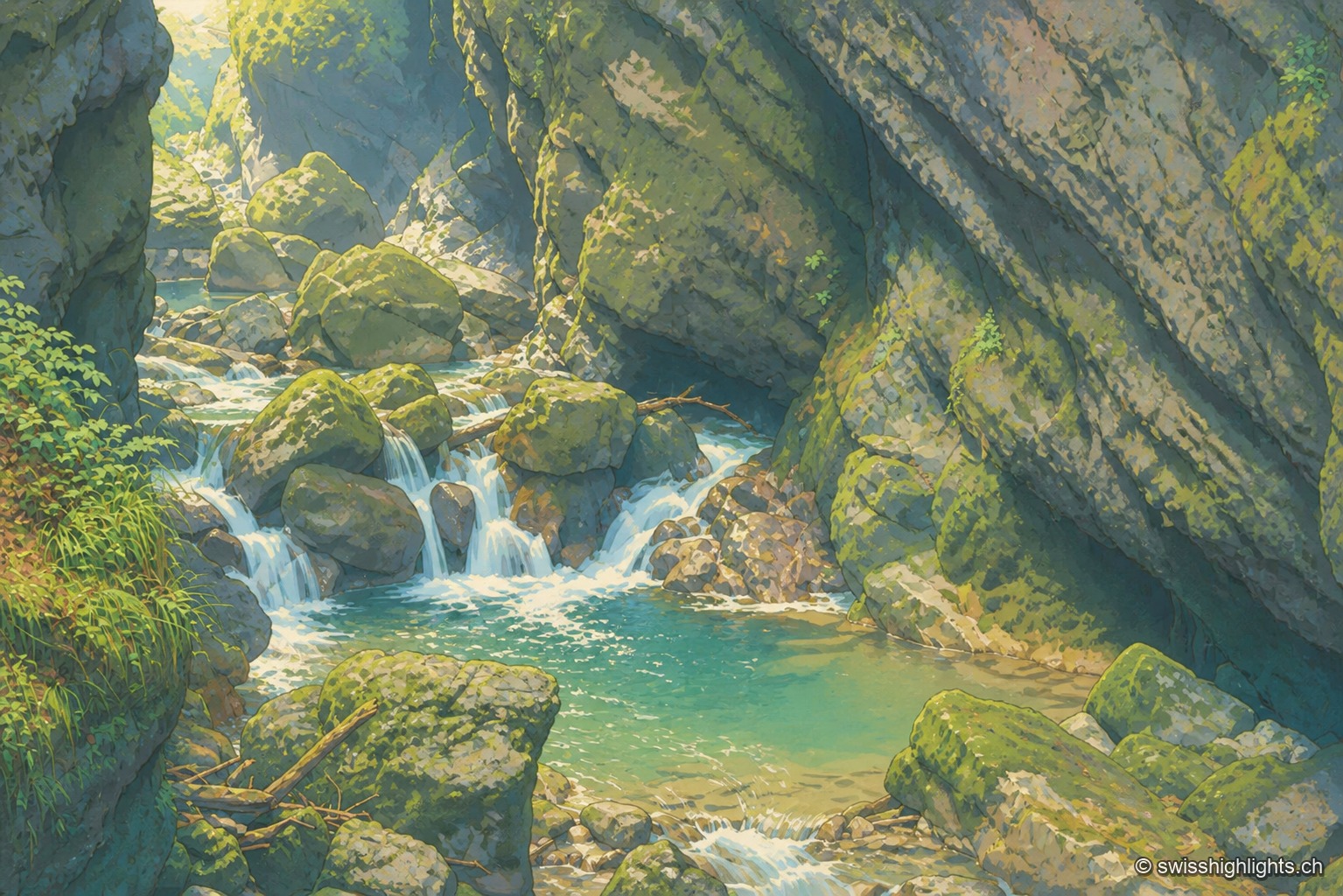 Cascades étagées dévalant des blocs moussus d'un torrent encaissé, l'eau se rassemblant en une vasque turquoise au premier plan, entre parois rocheuses envahies de mousse et de fougères.