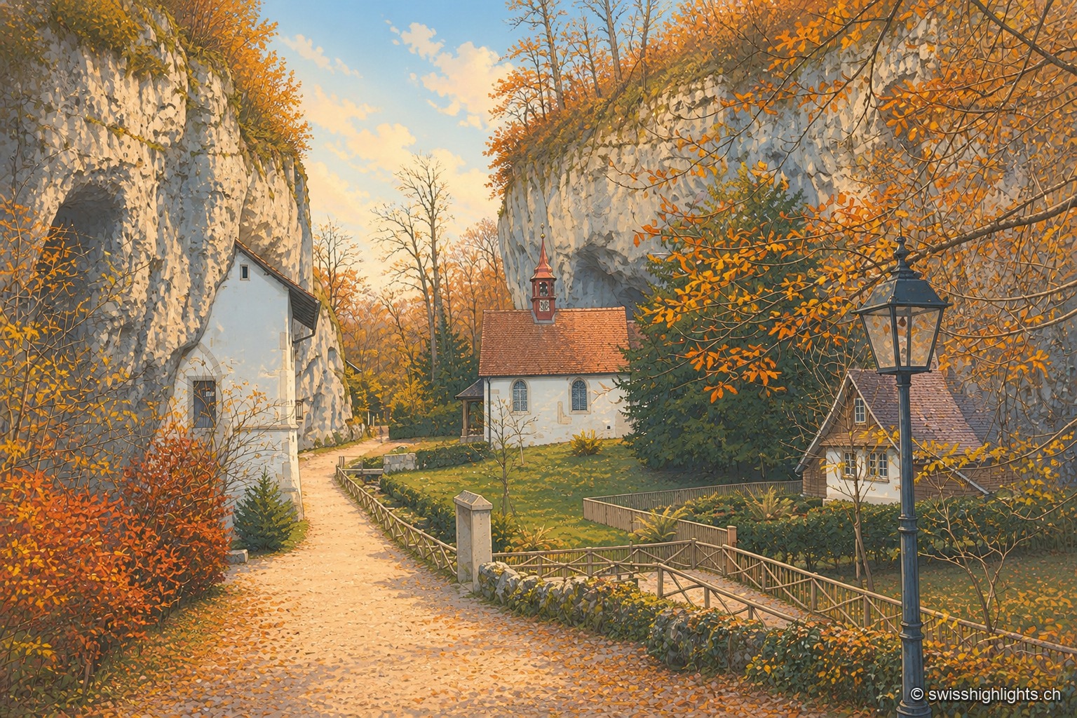 Le chemin d'automne menant à l'ermitage de Sainte-Vérène serpente entre deux parois calcaires trouées de petites grottes, sous une voûte de feuillages roux et dorés ; au fond, la chapelle blanche à clocheton rouge se niche contre la roche, entourée d'un jardin clôturé et d'un réverbère à l'ancienne.