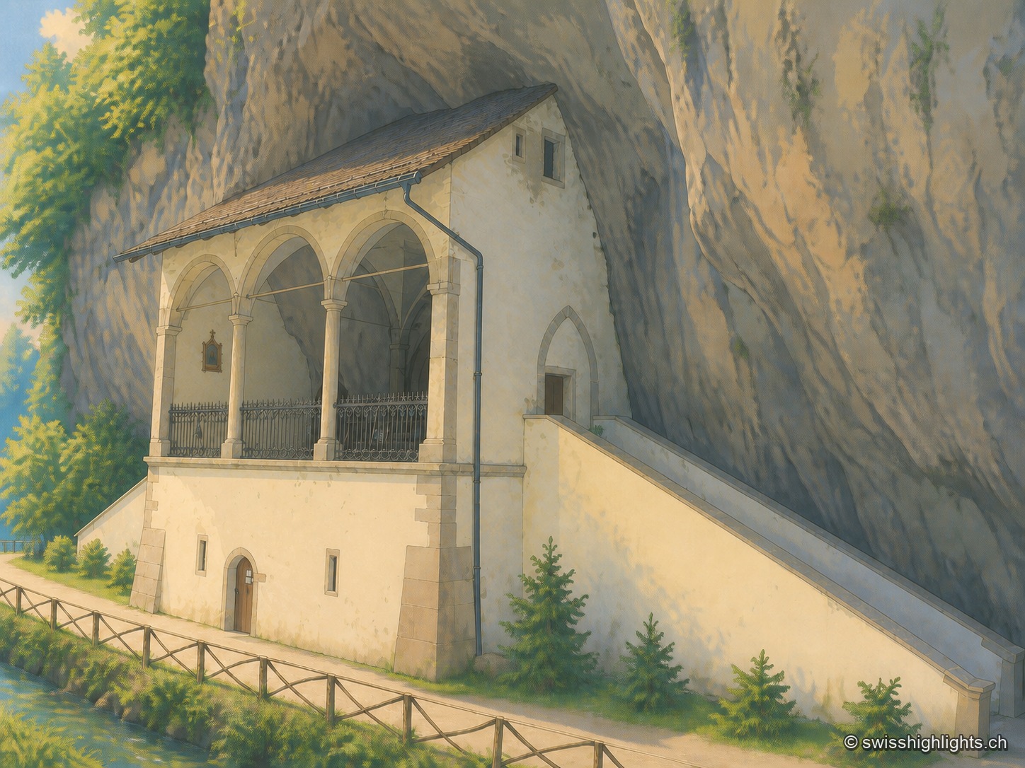 Chapelle blanche à loggia de trois arcades et escalier extérieur, adossée au pied d'une paroi calcaire massive qui la surplombe entièrement ; quelques buissons verts au premier plan, lumière franche de milieu de journée qui accentue le contraste d'échelle entre l'édifice et la roche.