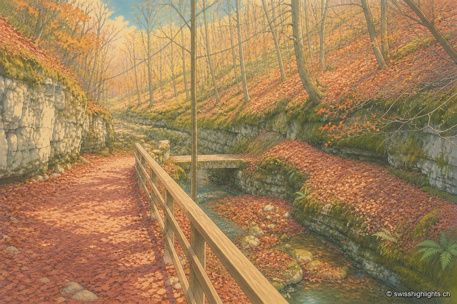 Sentier forestier en automne longeant un mur de pierre moussu, bordé d'une balustrade de bois clair, qui franchit un ruisseau sur un petit pont de pierre ; feuillage doré et tapis de feuilles rousses sous un ciel bleu clair.