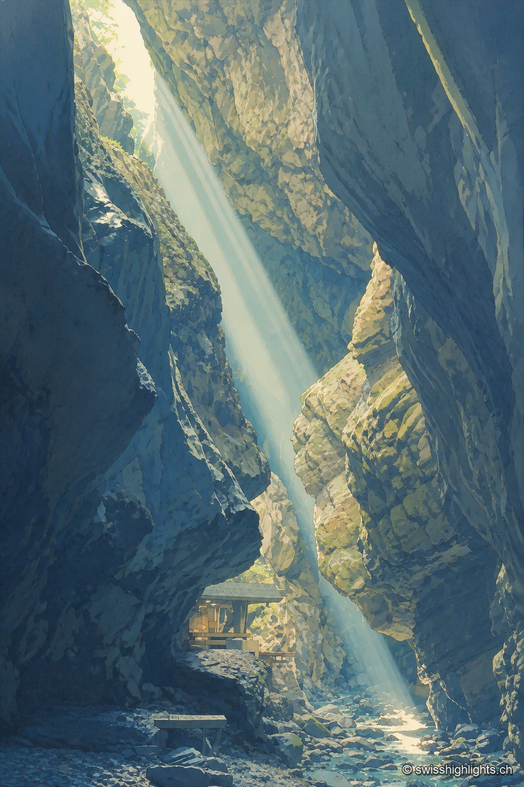 Un rayon de lumière tombe presque à la verticale entre les hautes parois sombres du canyon de la Tamina, éclairant la paroi rocheuse moussue et le lit de galets du torrent ; un petit abri de bois est niché sur une corniche au pied de la faille.