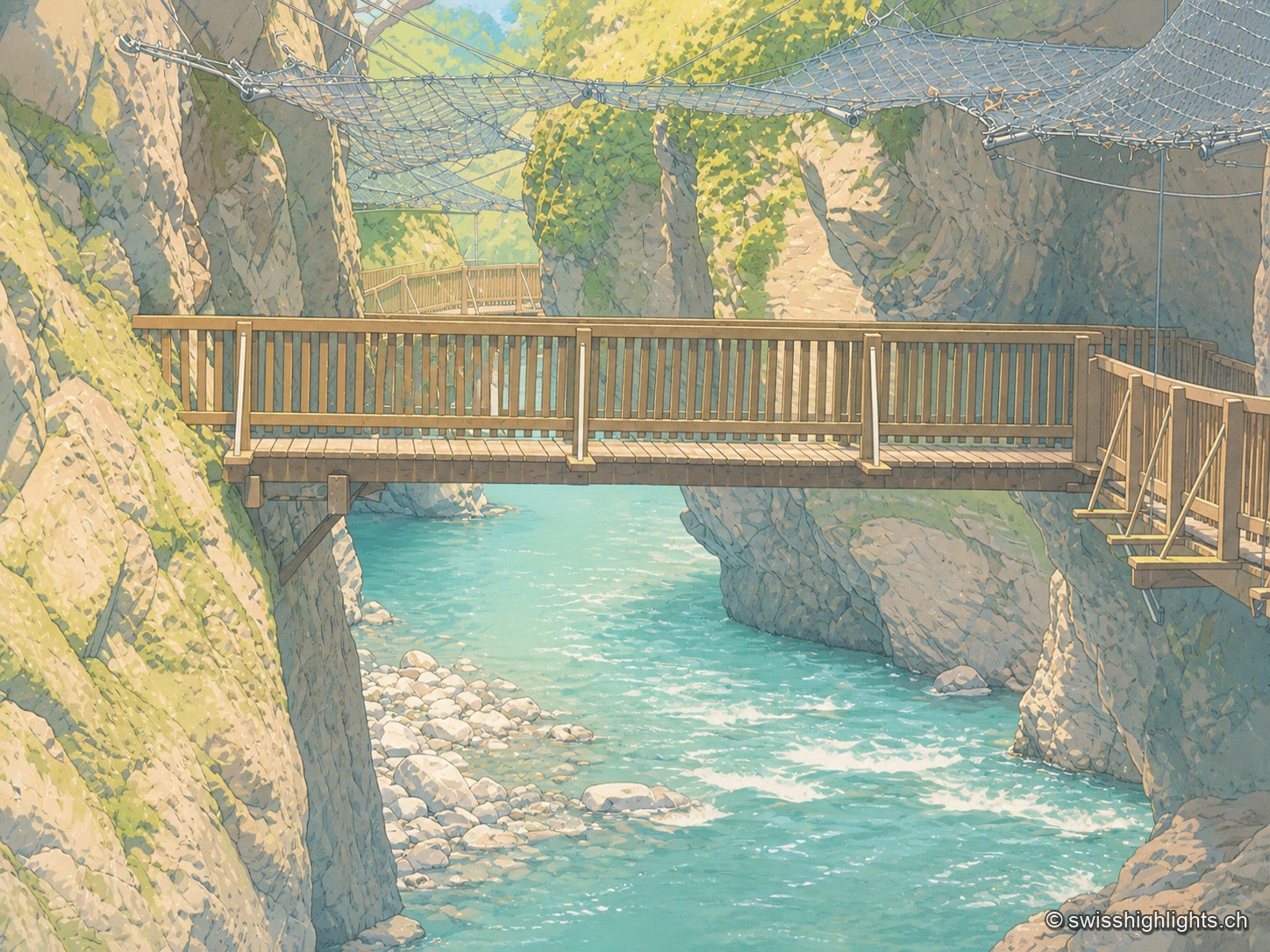 Passerelle en bois à rambarde traversant les gorges du Trient au-dessus d'une eau turquoise vive, entre deux parois rocheuses moussues ; en arrière-plan, une autre passerelle et un filet de protection tendu au-dessus de la gorge.