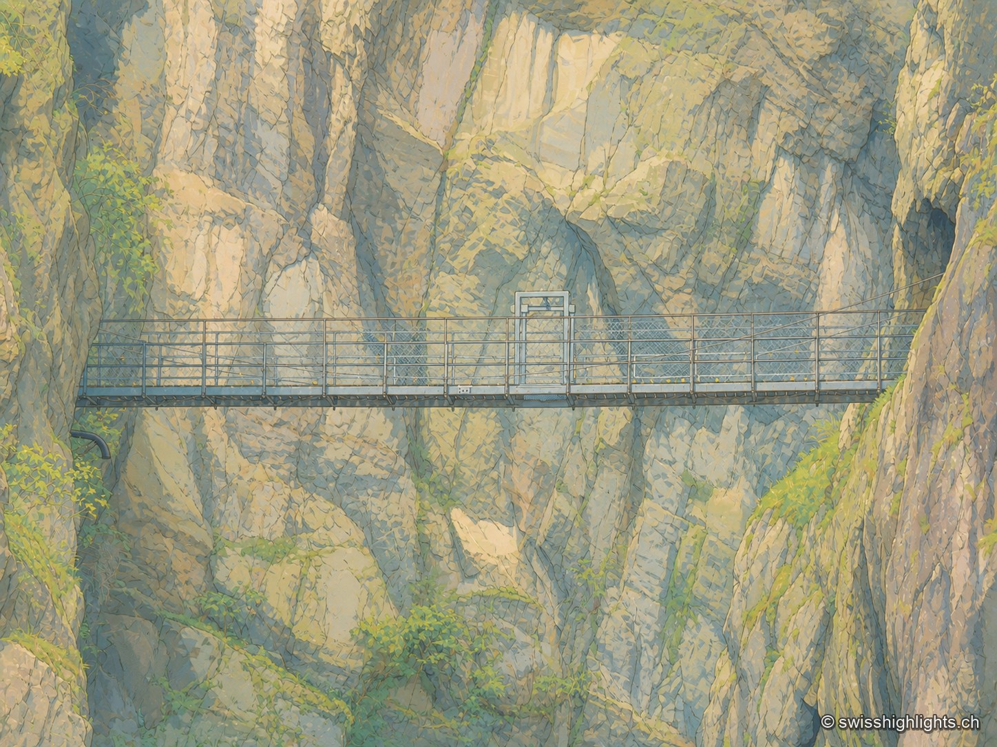 Passerelle métallique suspendue franchissant la gorge du Trient entre deux parois de roche claire zébrées de veines grises, un portique de contrôle des charges au centre du tablier ; quelques buissons et lianes vertes s'accrochent aux fissures de la paroi, dans une lumière diffuse et froide qui monte du fond de la gorge.