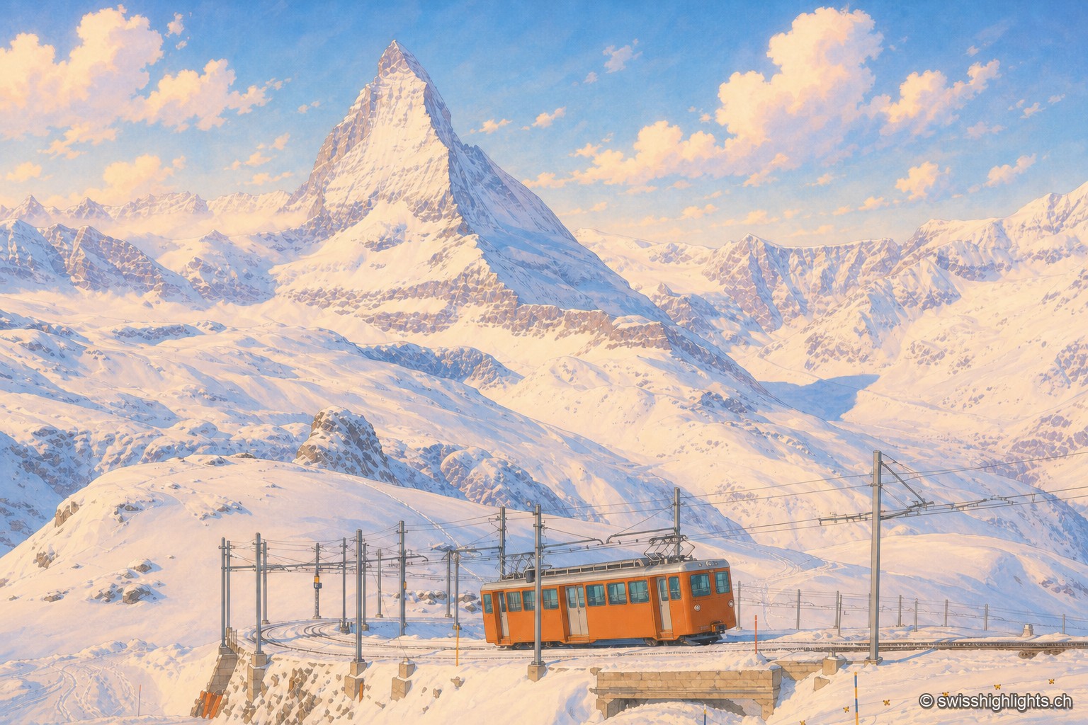 Une automotrice orange du chemin de fer du Gornergrat franchit un petit pont de pierre enneigé, entre les caténaires et leurs mâts métalliques ; derrière elle, les pentes blanches du Gornergrat montent vers le Cervin, pyramide sombre et enneigée qui domine la chaîne, sous un ciel de fin de journée strié de nuages roses.