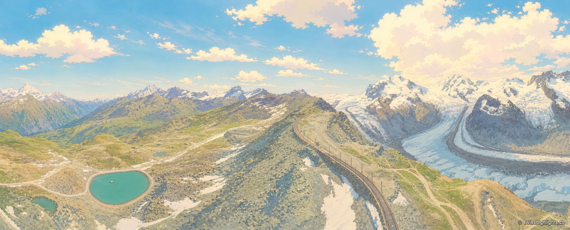 Vue aérienne panoramique très large : l'arête sombre du Gornergrat traverse l'image en diagonale, la voie ferrée et les bâtiments de la gare sommitale posés sur son fil ; à gauche, un petit lac vert sombre dort dans un cirque de pierre grise parcouru de sentiers ; à droite, la langue du glacier du Gorner déroule ses bandes de glace et de moraine jusqu'aux sommets enneigés du massif du Mont Rose, sous un ciel de gros cumulus.