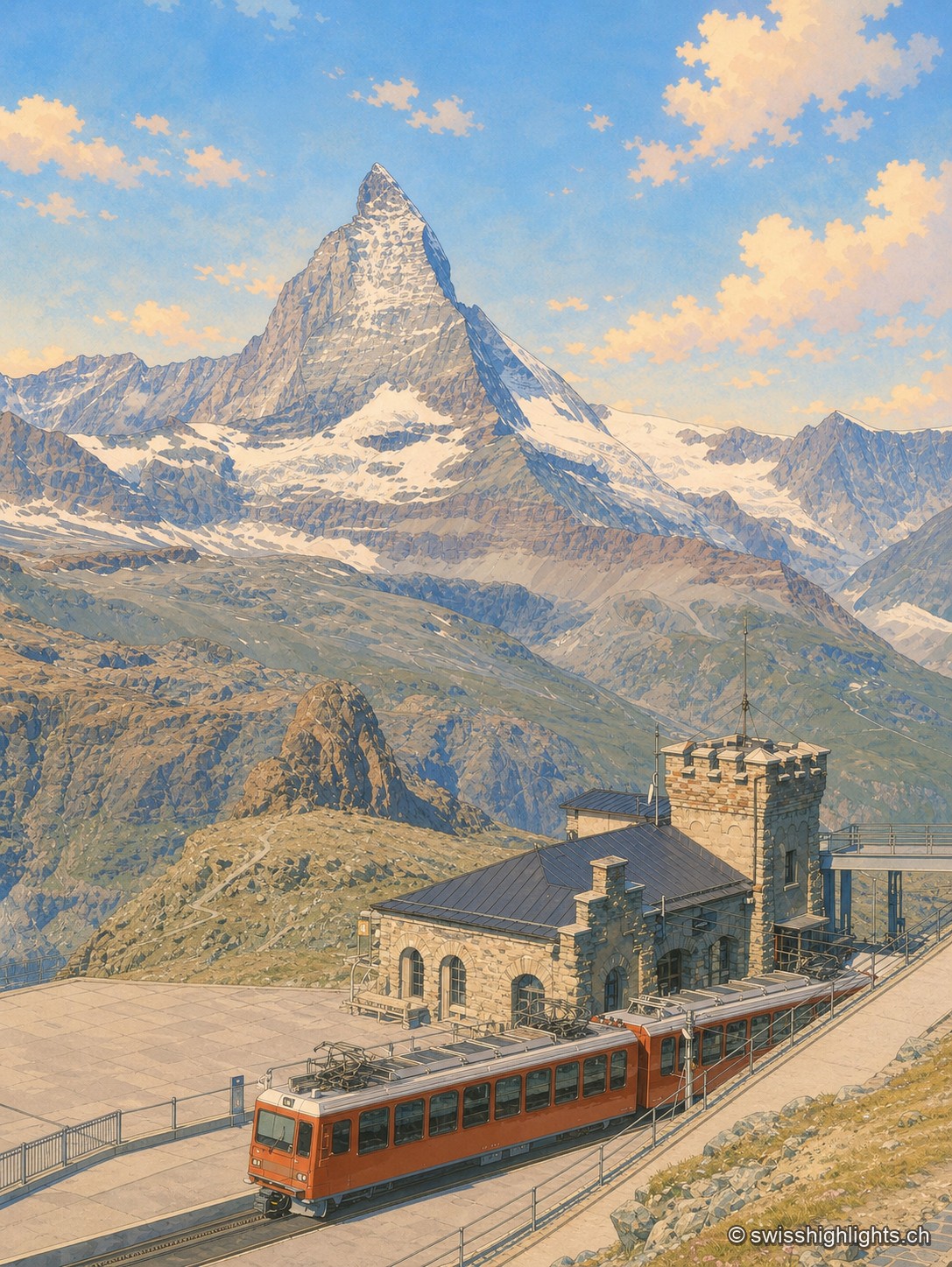 Vue verticale sur la gare d'altitude du Gornergrat, bâtisse de pierre à tourelle crénelée et toit d'ardoise, devant laquelle stationne une rame rouge du chemin de fer à crémaillère ; au-dessus, le Cervin dresse sa pyramide neigeuse au milieu d'un océan de sommets alpins, sous un ciel bleu piqueté de nuages dorés.