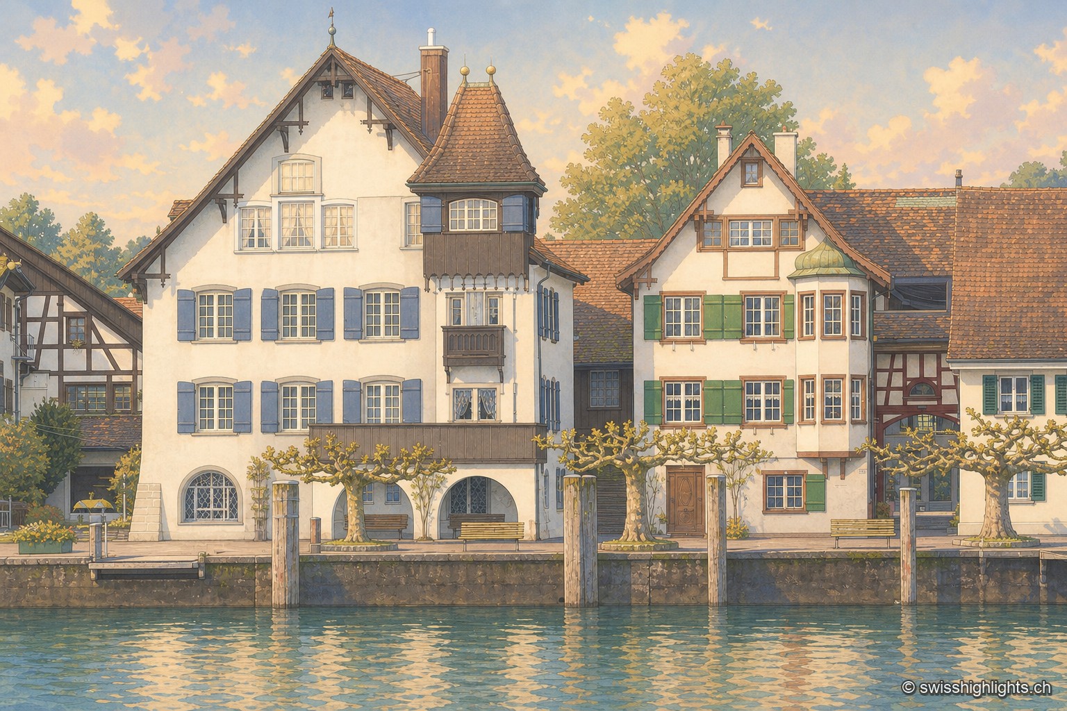 Rangée de maisons de la rive du Seerhein à Gottlieben, façades à colombages et volets bleus ou verts, l'une prolongée d'une tourelle de bois en encorbellement ; au pied des façades, une promenade bordée d'arbres taillés en boule, de bancs et de pieux d'amarrage plantés dans l'eau.