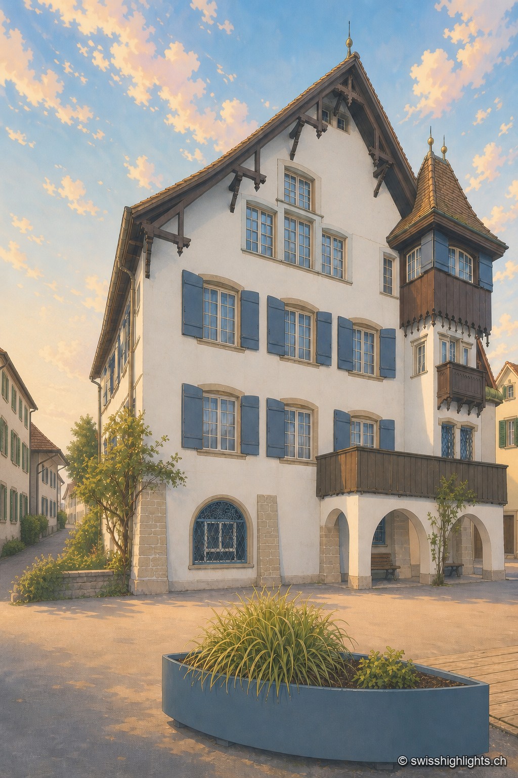 Au débarcadère de Gottlieben, une grande maison blanche à haut pignon de bois découpé, tourelle d'angle coiffée d'un toit de tuiles et galerie de bois sur arcades ; devant elle, suspendue à deux mâts, l'enseigne courbe qui porte en lettres noires le nom « Gottlieben » ; au premier plan, un bac de plantation gris et une touffe de graminées, le tout sous un ciel d'hiver couvert.