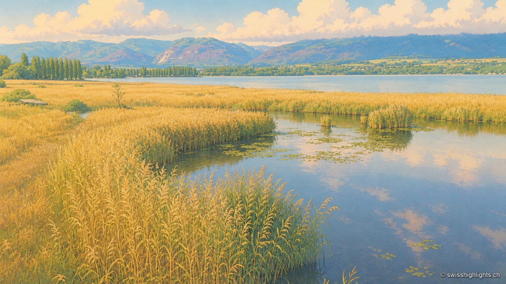 Vaste roselière dorée de la Grande Cariçaie traversée par un chenal d'eau calme parsemé de nénuphars, qui rejoint le lac de Neuchâtel bordé d'une rangée de peupliers ; à l'horizon, les collines du Jura s'étagent sous un ciel d'été chargé de cumulus.
