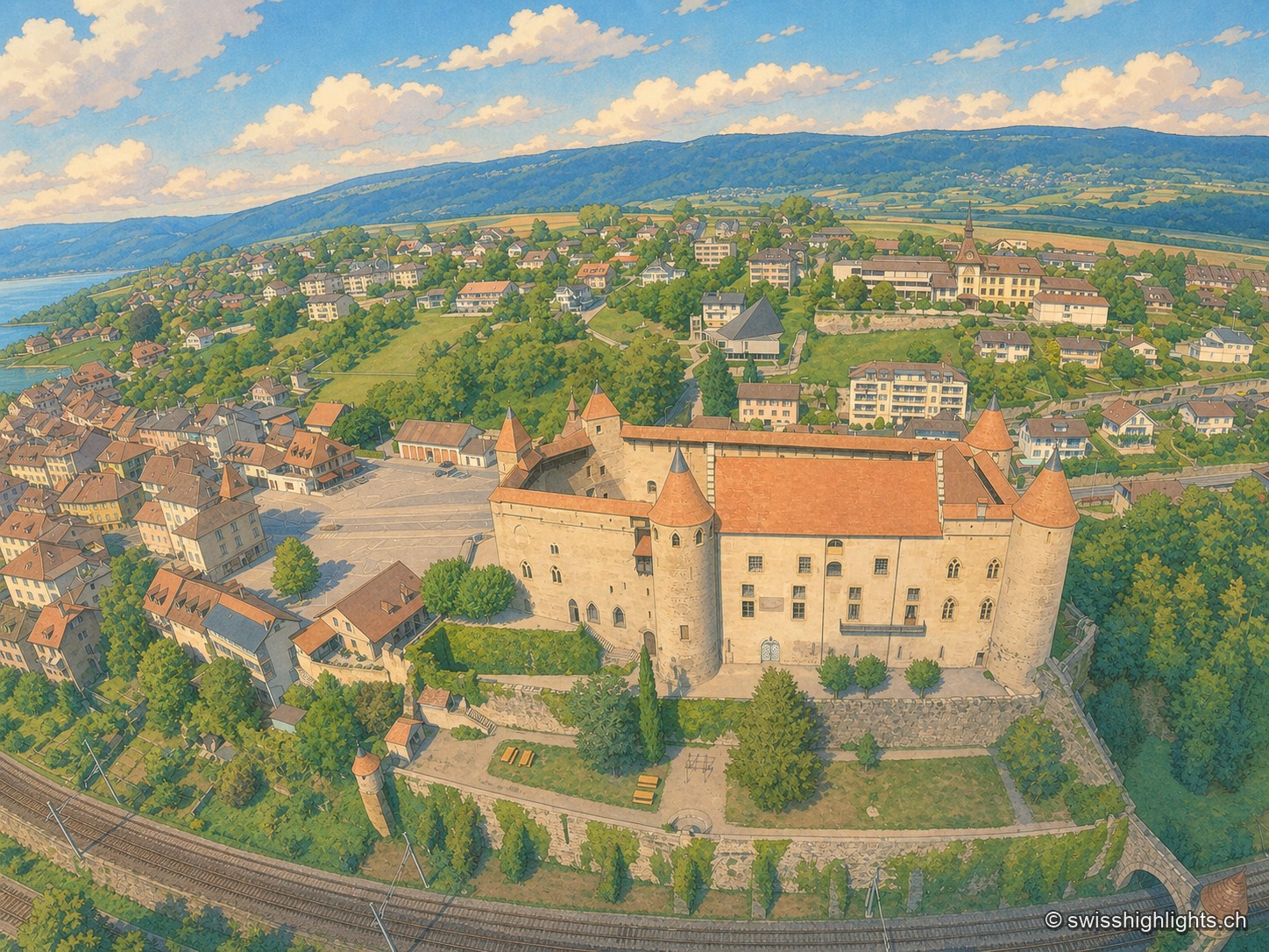 Vue aérienne du château de Grandson, quadrilatère de pierre claire à tours rondes coiffées de toits coniques rouges, entouré de son bourg médiéval aux toits orangés ; au loin à gauche, le lac de Neuchâtel, et au premier plan la voie ferrée qui longe les remparts.