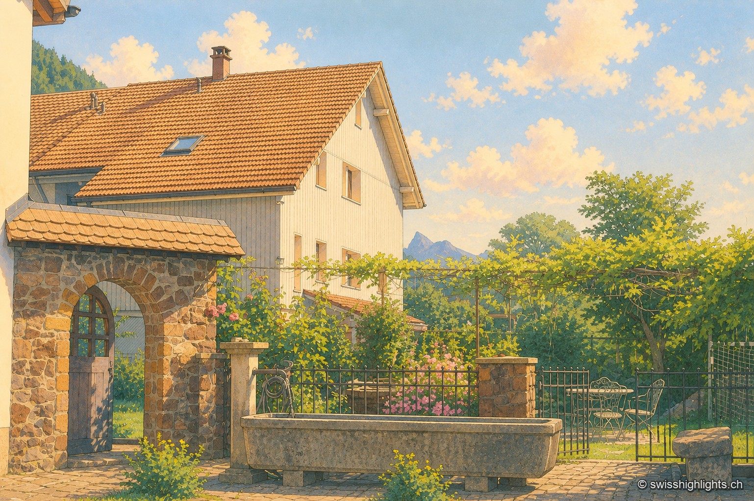 Cour de ferme à Grandvillard : porche de pierre en plein cintre sous un appentis de tuiles, rosier grimpant sur une pergola de bois, et vieil abreuvoir de pierre devant une grille de fer forgé ; au fond, la façade blanche à toit de tuiles de la maison et un sommet des Préalpes fribourgeoises se dessinent sous un ciel d'été.