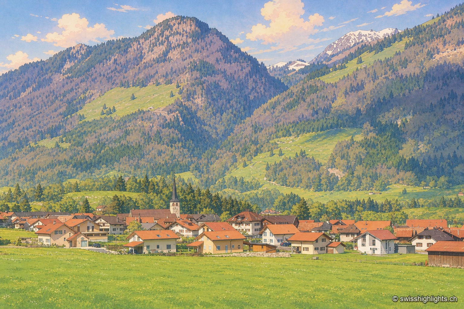 Le village de Grandvillard, groupé autour de son clocher pointu, occupe le creux d'un vallon au pied de pentes boisées et de sommets préalpins encore tachés de neige ; au premier plan, une prairie verte s'étend jusqu'aux premières maisons, sous un ciel d'été à gros cumulus.