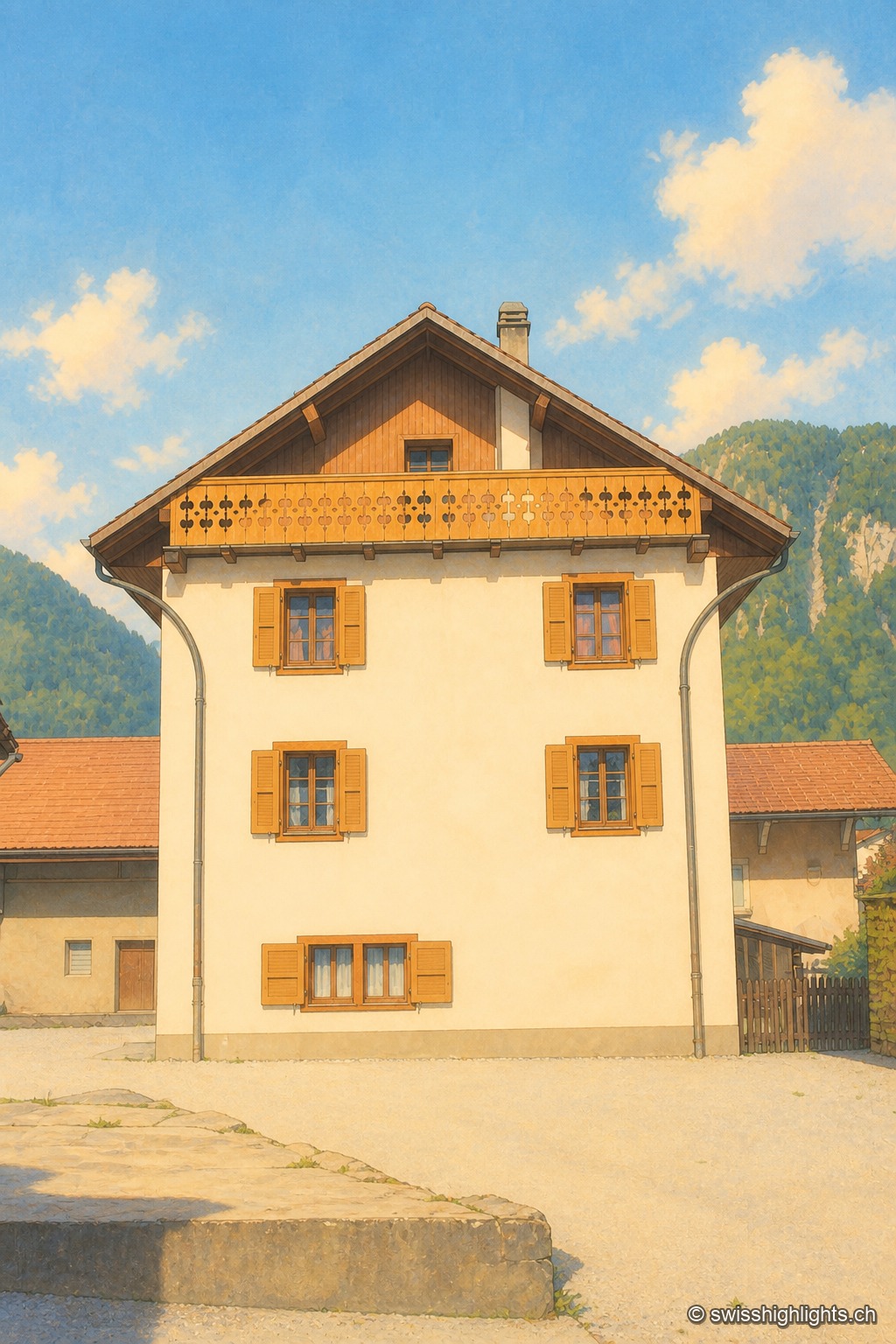 Une maison blanche à volets bruns et balcon de bois fleuri, coiffée d'un toit de tuiles orangées à large avant-toit ; au premier plan, la cour pavée et un muret bas, avec en arrière-plan la ligne des sommets préalpins sous un ciel d'été légèrement voilé.