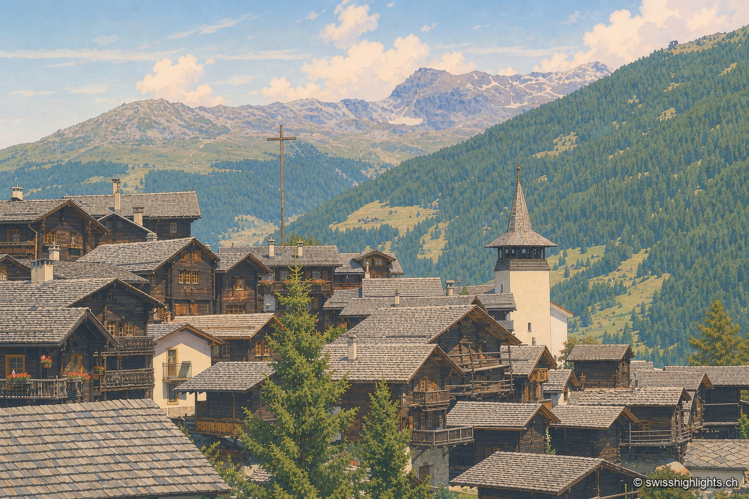 Vue resserrée sur les toits du village : un enchevêtrement de chalets de mélèze aux balcons de bois, dominé par le clocher blanc à flèche pointue de l'église et par une haute croix de mission ; au fond, la vallée boisée remonte vers une crête rocheuse et des sommets enneigés.