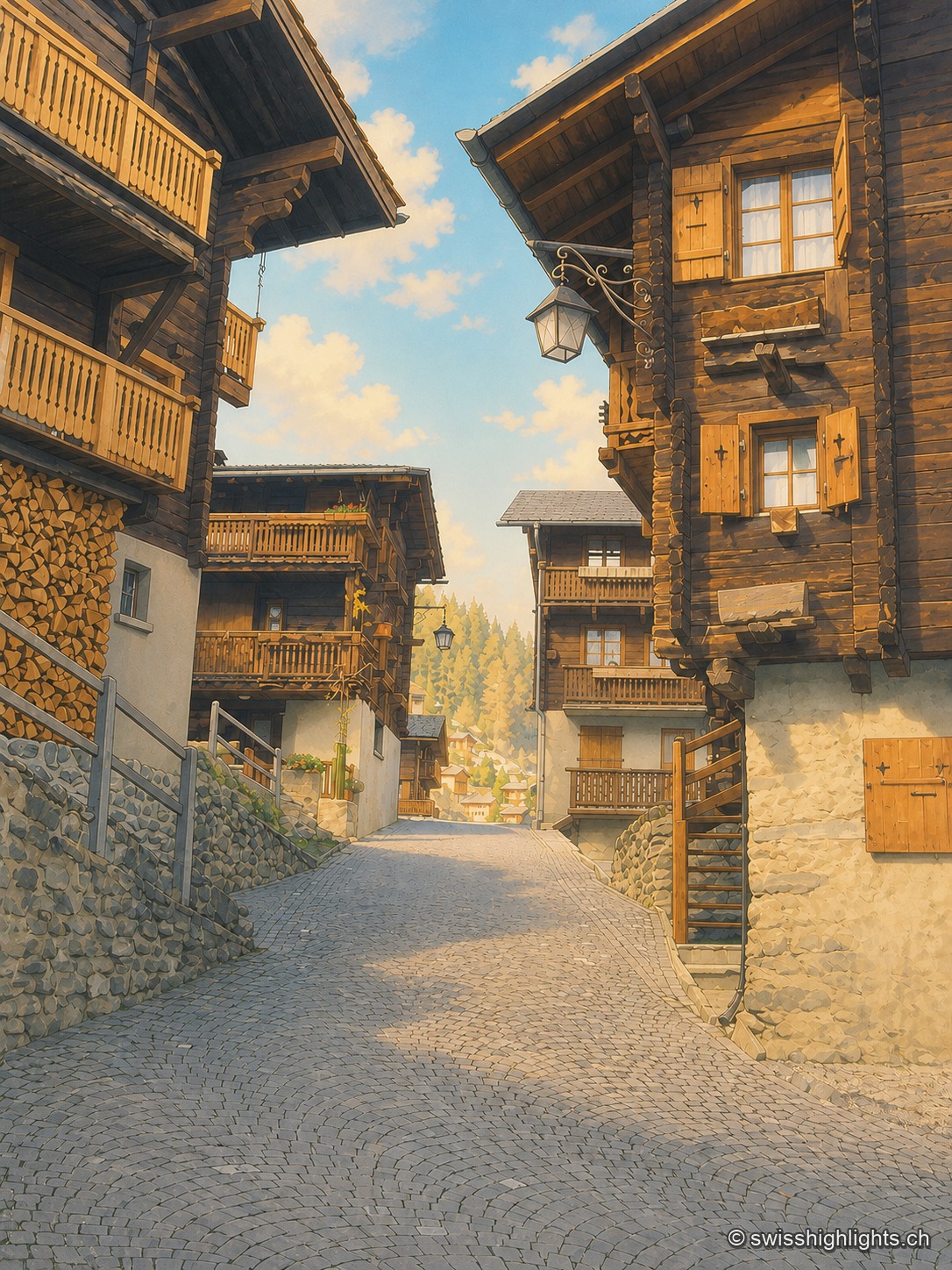 Une ruelle pavée et étroite serpente entre de vieux chalets de mélèze aux façades sombres, volets de bois et petites fenêtres ; au loin, la venelle débouche sur une porte voûtée sous un ciel bleu clair.
