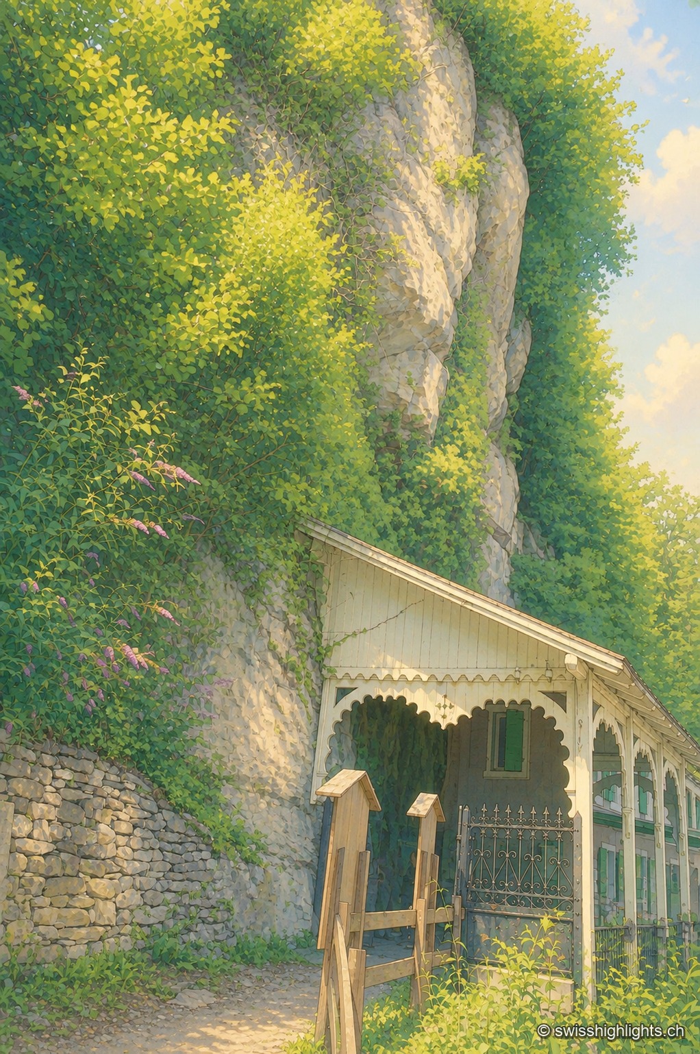 L'entrée de la grotte aux Fées, au pied d'une paroi rocheuse envahie de lierre et de buissons : un petit abri de bois à toit en pente protège l'accès, au bout d'un sentier bordé d'une rambarde blanche, sous un ciel d'été dégagé.