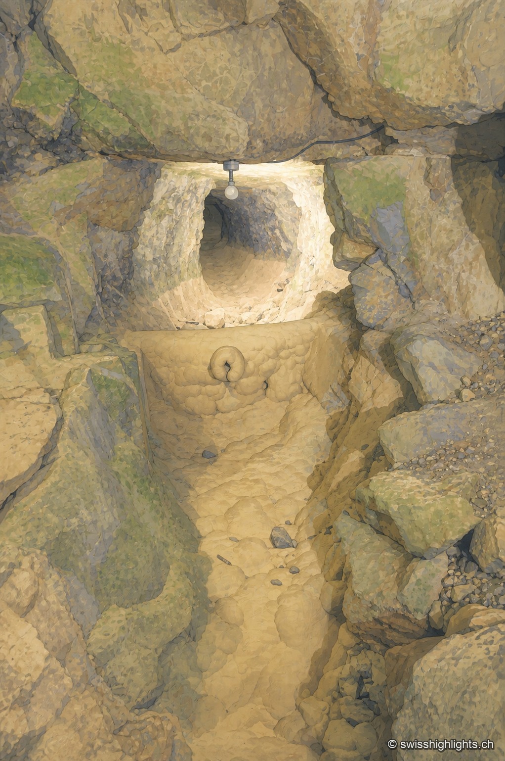 Intérieur de la grotte aux Fées : un couloir au sol de sable clair remonte vers une ouverture arrondie percée dans la roche, éclairée par une ampoule nue suspendue au plafond. Les parois brunes tachées de vert se resserrent de part et d'autre du passage, et une main courante métallique longe le bord gauche.