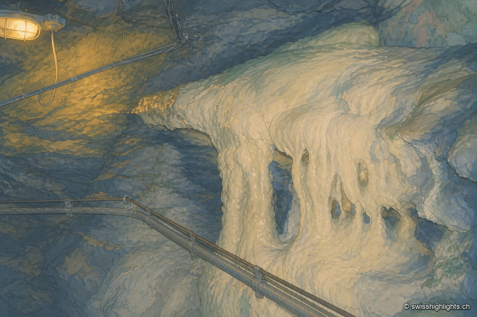 Une large galerie souterraine, où des coulées de calcite ocre et grise tombent de la voûte jusqu'au sol rocheux ; une passerelle métallique longe la paroi de gauche, éclairée par une lumière artificielle chaude.