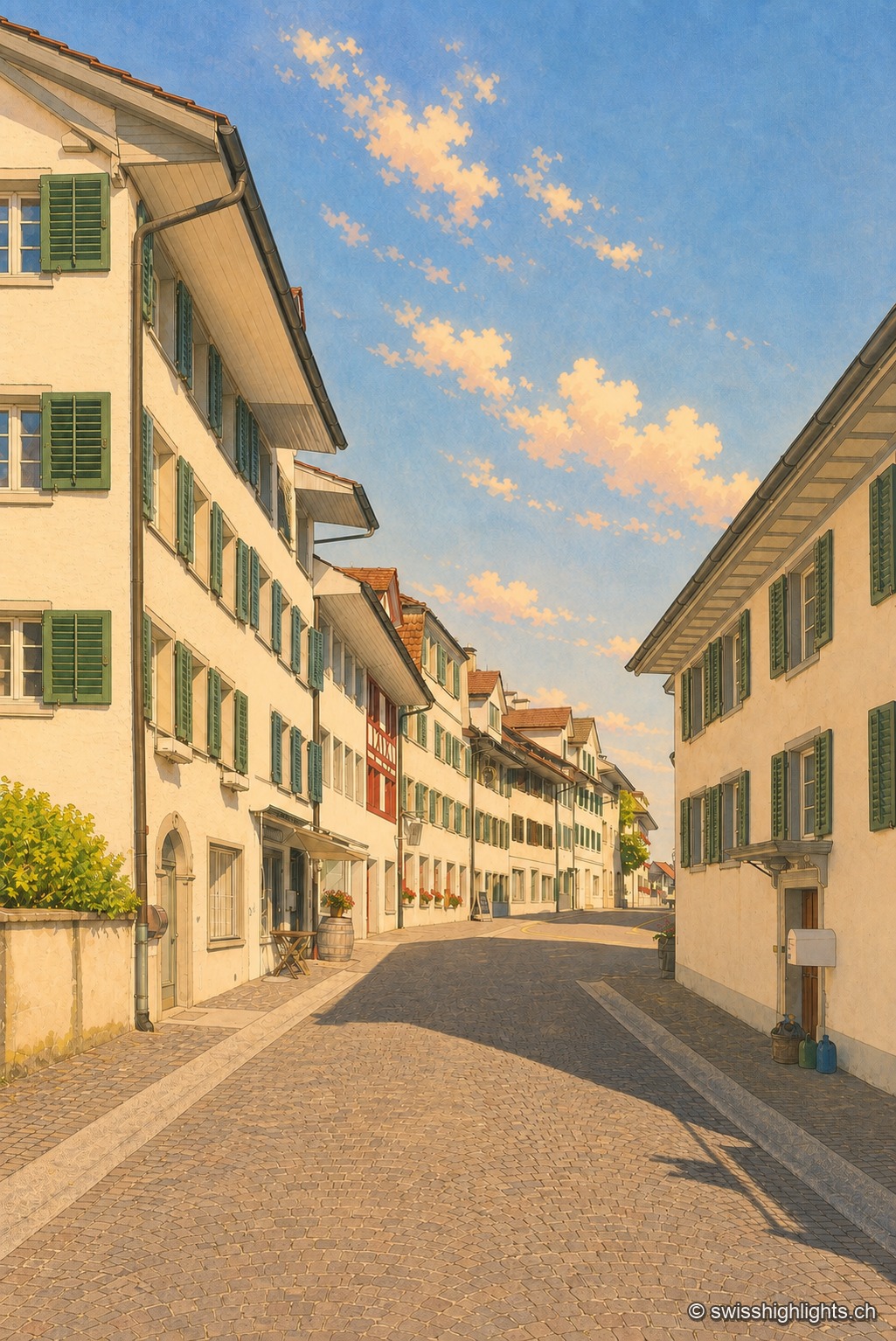 Une rue pavée du bourg de Grüningen, bordée de maisons claires aux volets verts et aux façades à colombages, sous un ciel dégagé traversé de quelques nuages.