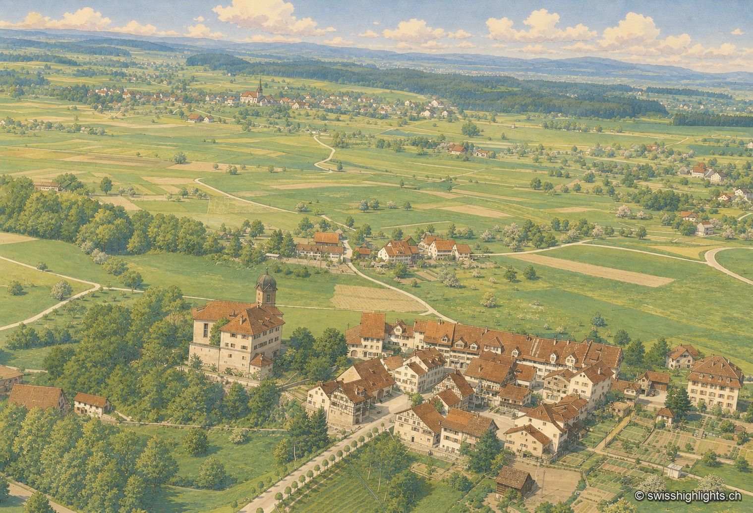 Vue aérienne du bourg de Grüningen niché parmi les prés et les vergers en fleurs, ses maisons aux toits rouges groupées autour du clocher, dans un paysage agricole vallonné qui s'étend jusqu'à l'horizon.