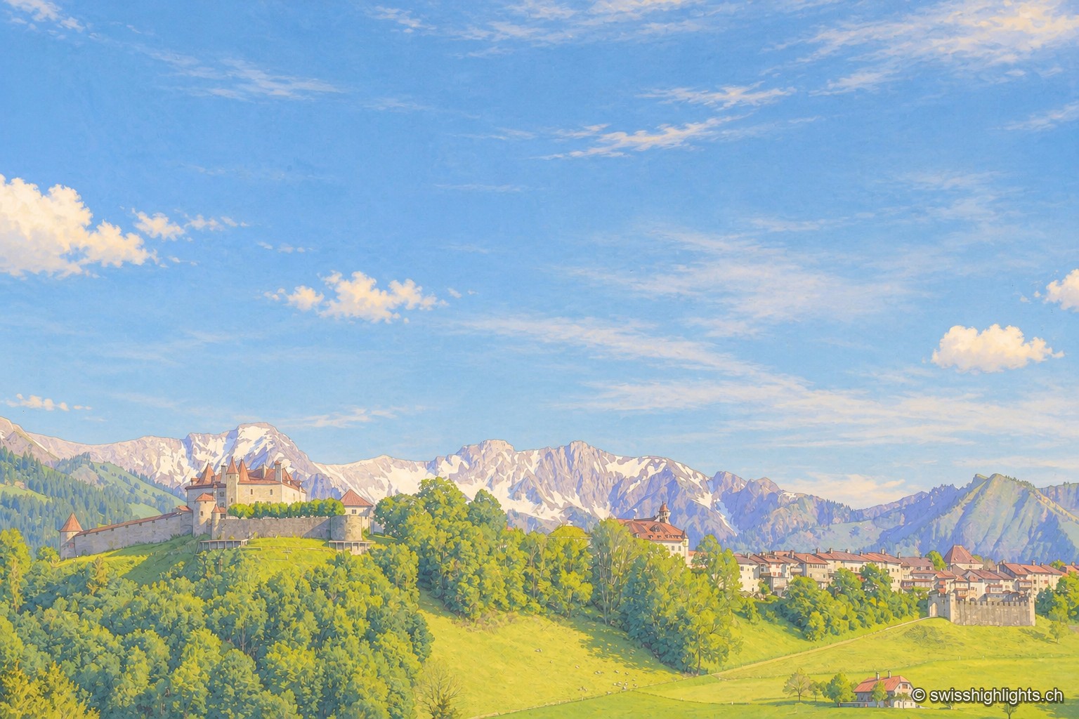 Vue de Gruyères et de son château perchés sur une colline verdoyante entourée de remparts, avec les sommets enneigés des Préalpes fribourgeoises se découpant à l'horizon sous un ciel bleu strié de nuages.