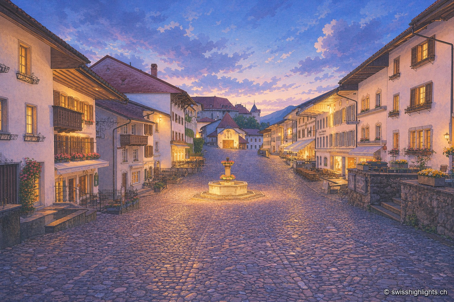 Une ruelle pavée de Gruyères au crépuscule, bordée de façades claires aux volets colorés et animée par une fontaine éclairée, sous un ciel violacé strié de nuages.