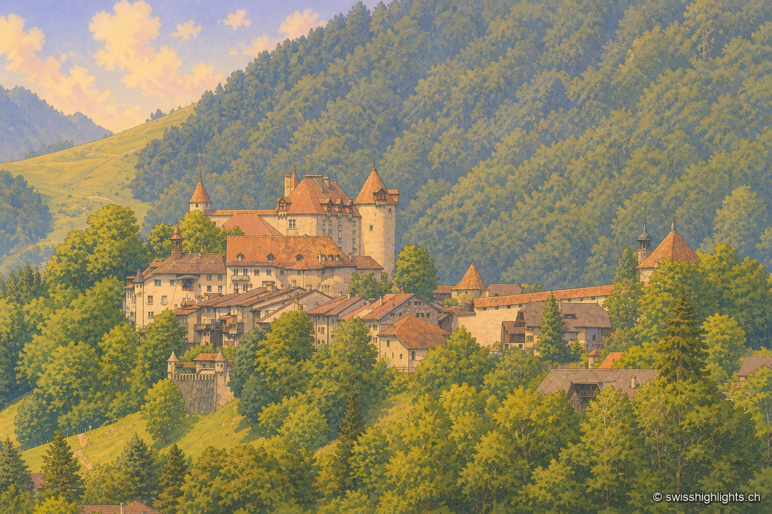 Vue rapprochée du château et de la cité médiévale de Gruyères, blottis sur leur éperon entouré de remparts, sur fond de versants boisés en dégradés de vert.