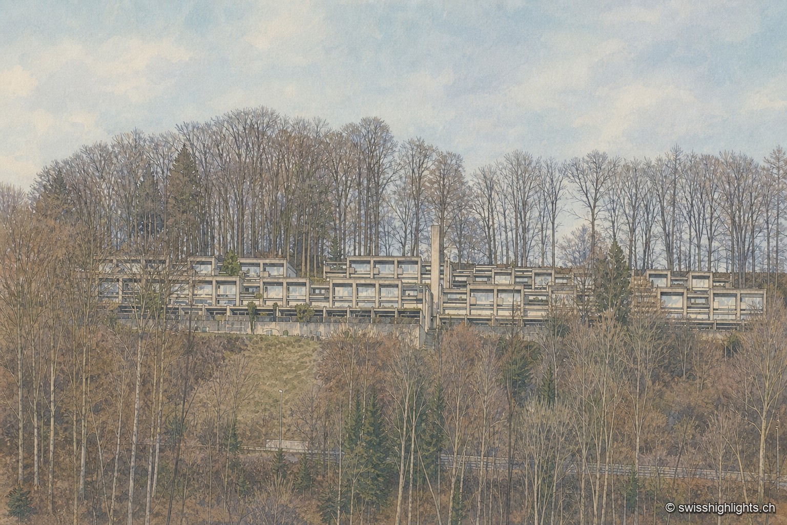 La même rangée de maisons en bande de la Siedlung Halen, vue en hiver à travers des arbres dénudés qui laissent mieux deviner les toits plats étagés sur la pente.