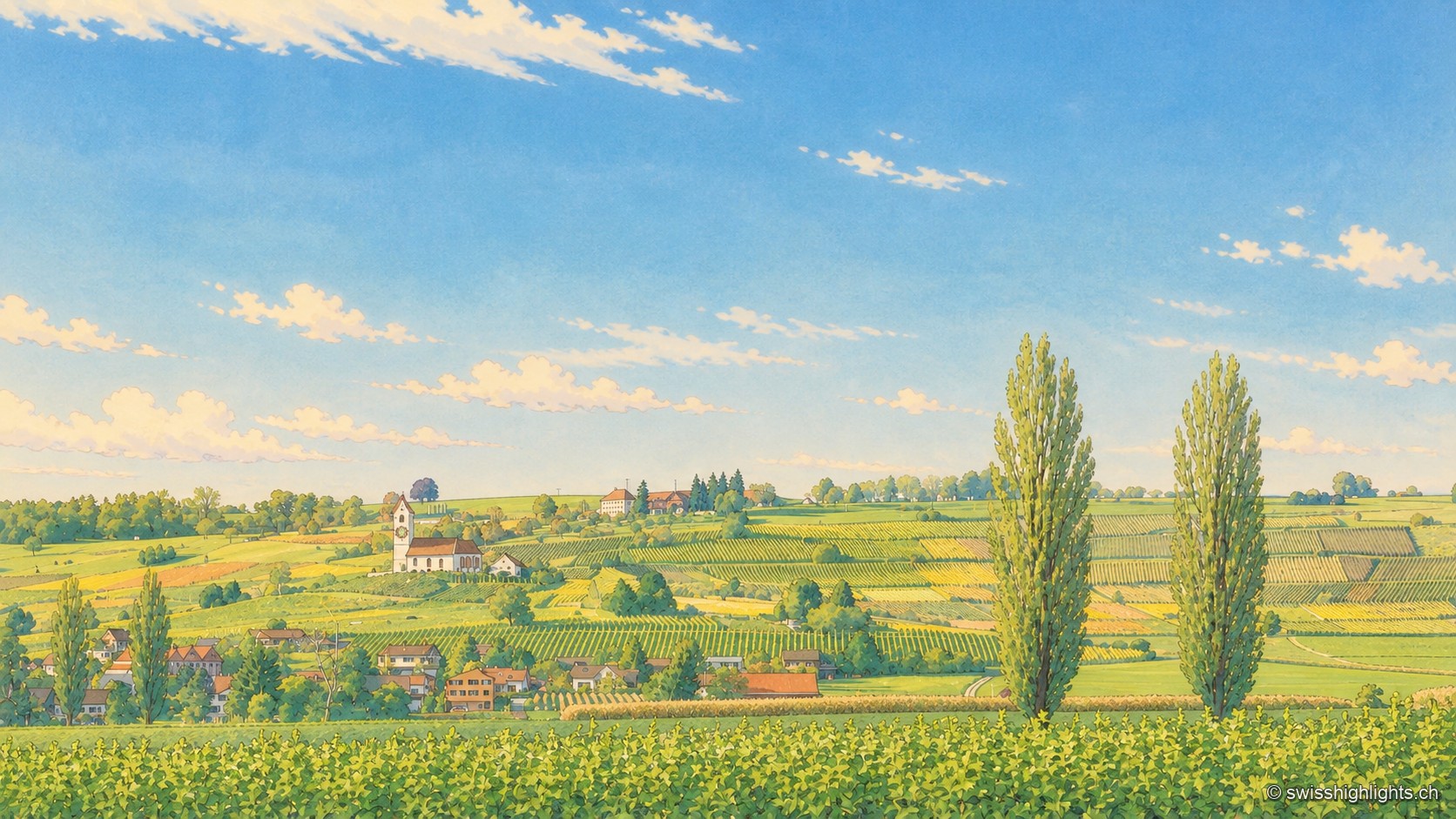 Vue sur les vignobles en terrasses au-dessus de Hallau, avec deux grands peupliers au premier plan et un damier de champs colorés qui s'étend jusqu'aux collines, sous un ciel bleu semé de nuages.