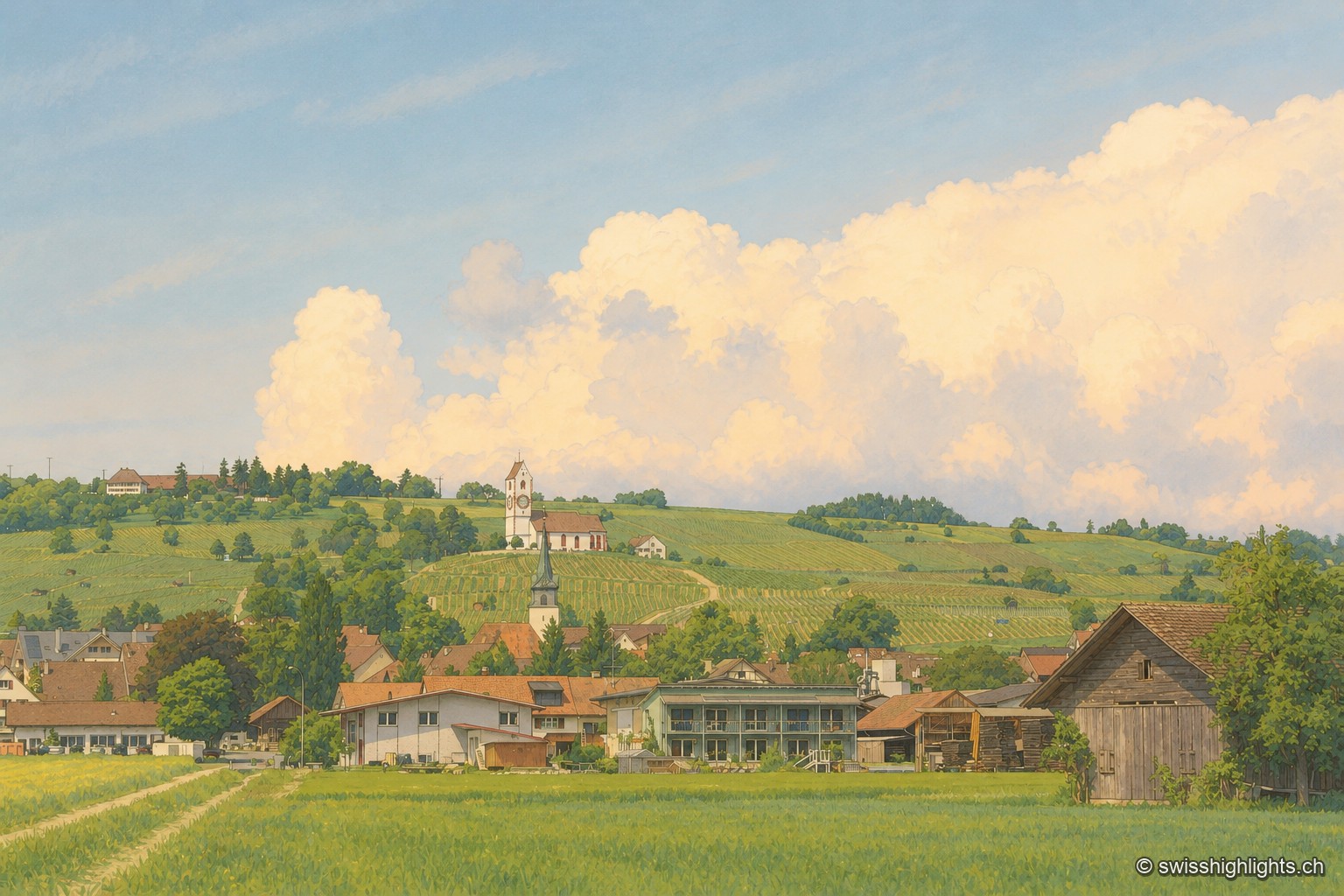 Le village de Hallau entouré de vignes et de prés, avec une ferme au premier plan, sous un grand ciel d'été chargé de nuages blancs.