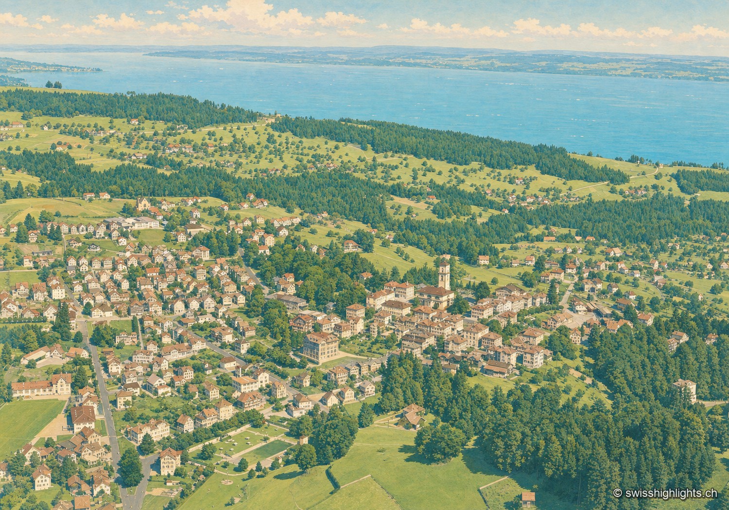 Vue aérienne ancienne, colorisée en tons pastel, du village de Heiden groupé autour de son clocher, avec le lac de Constance et la rive opposée visibles à l'arrière-plan.