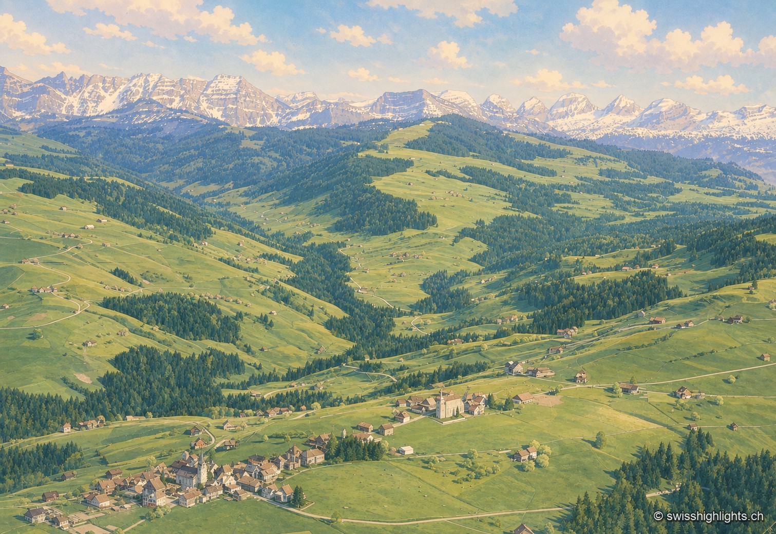 Vue voisine des alpages de Hemberg, en tons pastel plus doux, avec le village niché au creux du vallon et les sommets du Säntis et de l'Alpstein en arrière-plan.