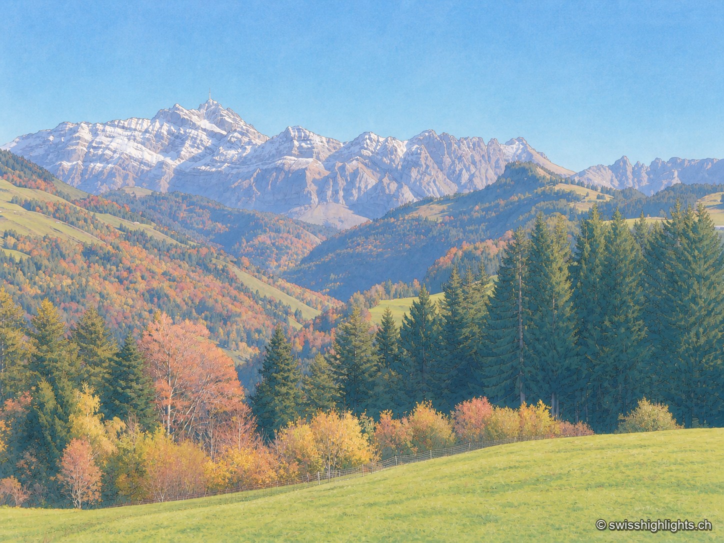 Vue sur le Neckertal en automne depuis les hauteurs de Hemberg, forêts aux teintes rousses au premier plan et sommets du Säntis se profilant au loin.