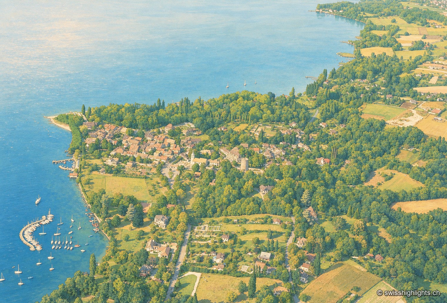 Vue aérienne d'Hermance en été : la pointe boisée qui referme le port, les quais et le tracé compact du bourg se détachent sur les champs environnants et le bleu calme du lac Léman.