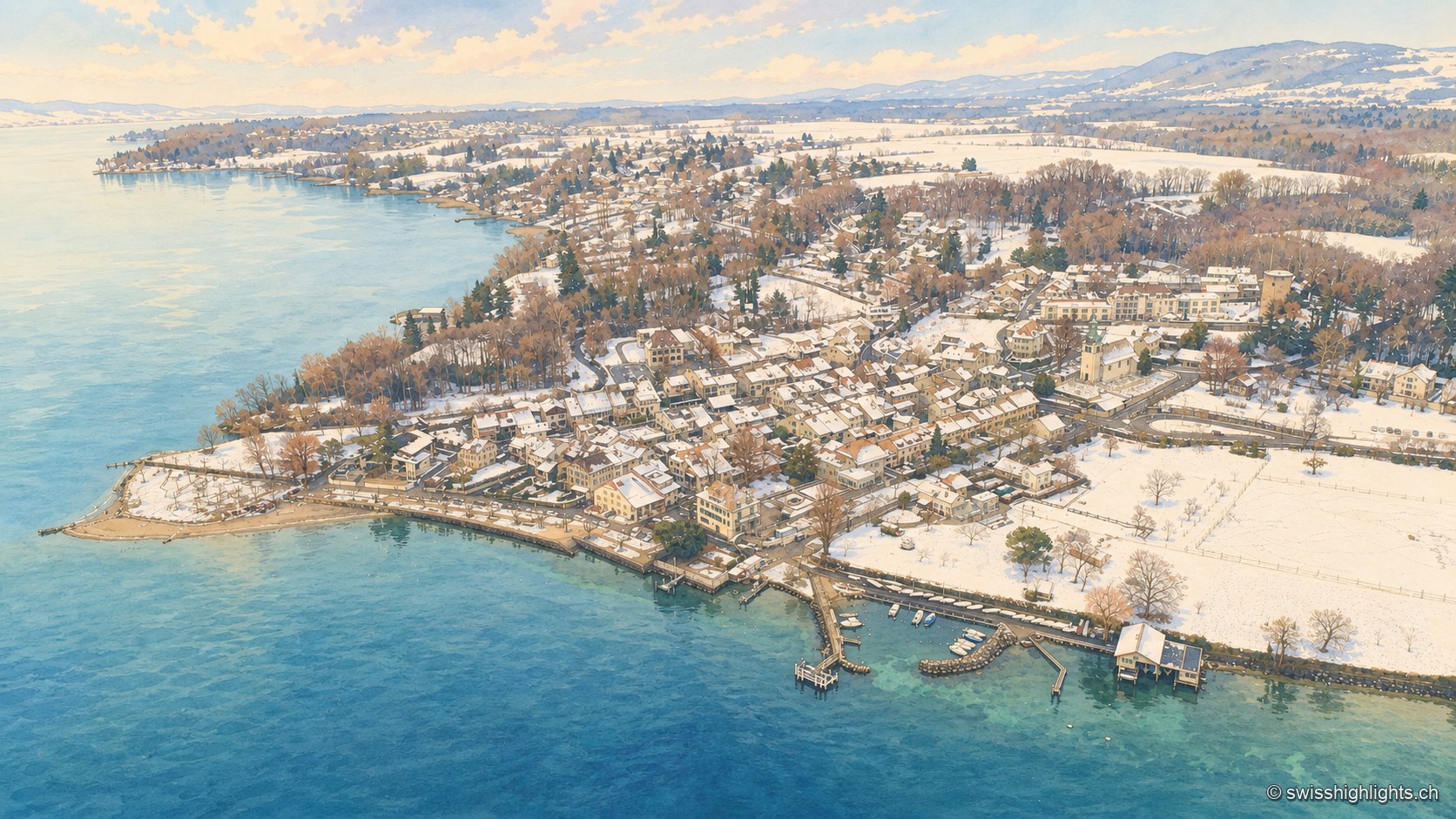 Vue aérienne d'Hermance sous la neige : les toits blancs du village, le port et les champs gelés se découpent sur le lac Léman et les reliefs lointains, sous une lumière hivernale douce.