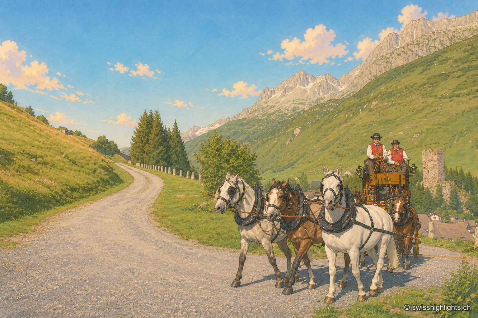 Un attelage de cinq chevaux, trois gris pommelé et deux bais, tire une diligence jaune et noire sur une route de gravier qui descend vers le fond de la vallée d'Urseren ; deux postillons en gilet rouge et chapeau noir tiennent les guides. À droite, la tour carrée en ruine de Hospental se dresse sur une croupe herbeuse au-dessus des toits du village ; au fond, les arêtes rocheuses et les névés ferment la vallée sous un ciel bleu sans nuage.