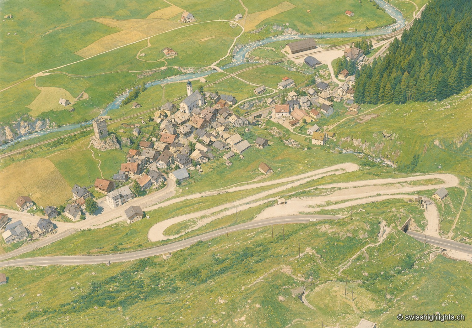 Vue aérienne ancienne, colorisée, de Hospental : les maisons du village, les routes, la rivière et la lisière de forêt s'organisent au fond de la vallée d'Urseren, entourés de pentes herbeuses.