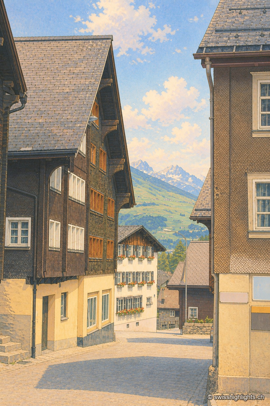 Une rue étroite de Hospental encadrée de façades en bois sombre et de toits pentus, avec, au fond, un aperçu des sommets qui ferment la vallée.