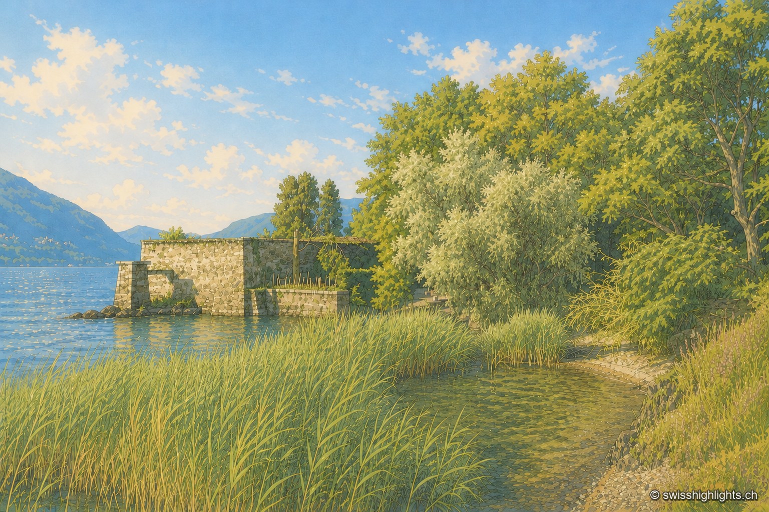 Au bord de l'île de Brissago, des roseaux et un élément de maçonnerie bordent la rive peu profonde, devant un jardin luxuriant et, au loin, les montagnes qui encadrent le lac Majeur.