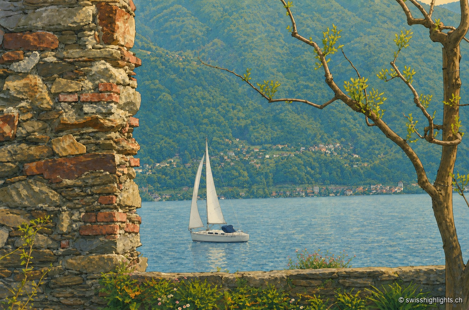 Depuis un mur de pierre encadré d'arbres, le regard porte sur le lac Majeur où glisse un voilier isolé, face à la rive opposée.